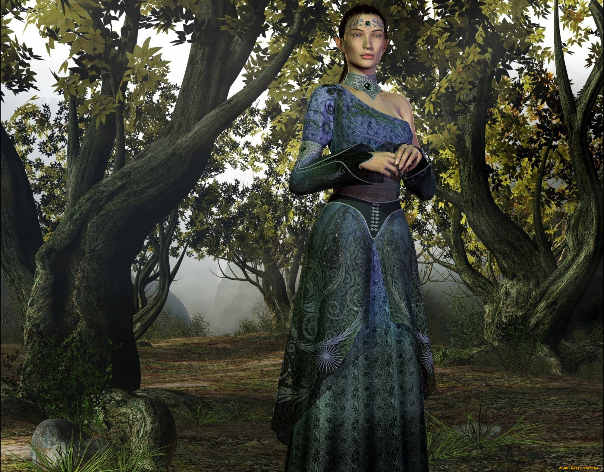 3д, графика, эльфы, , elves, эльфийка, лес, фон, взгляд