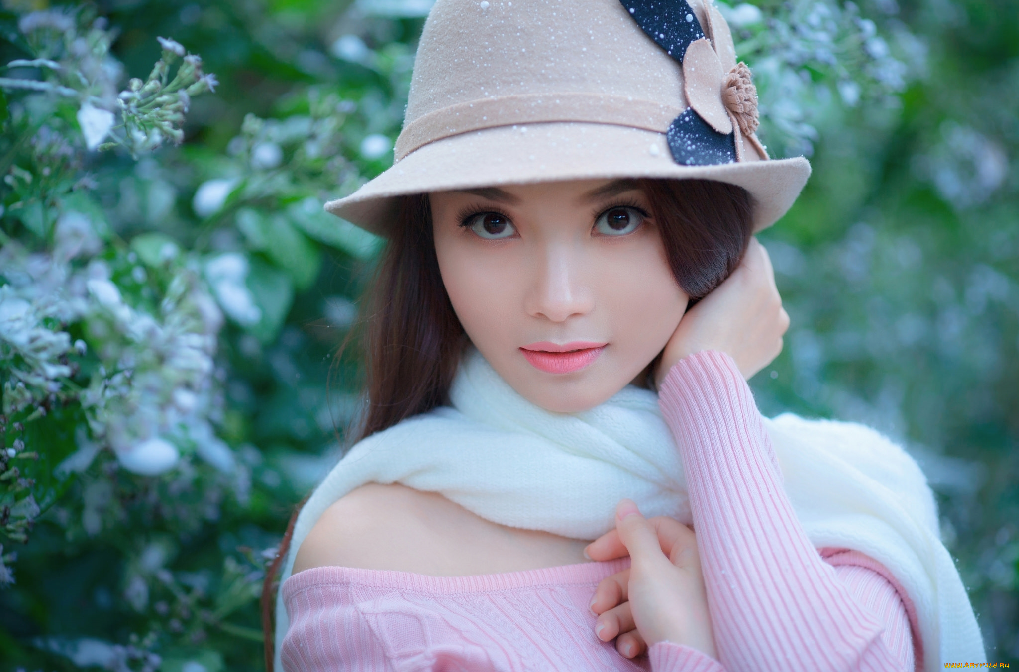 девушки, -unsort, , лица, , портреты, портрет, шарф, взгляд, шляпа, азиатка, лицо