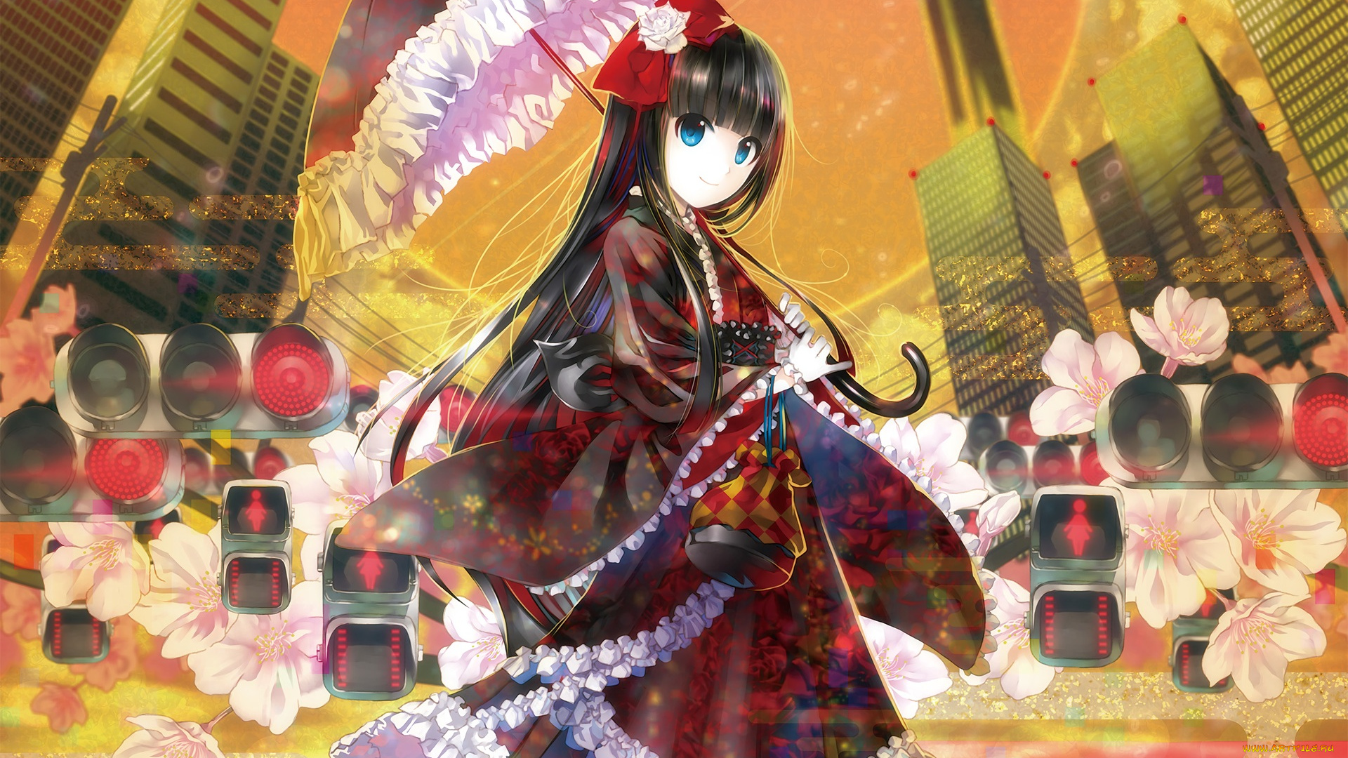 аниме, город, , улицы, , здания, светофоры, девушка, зонт