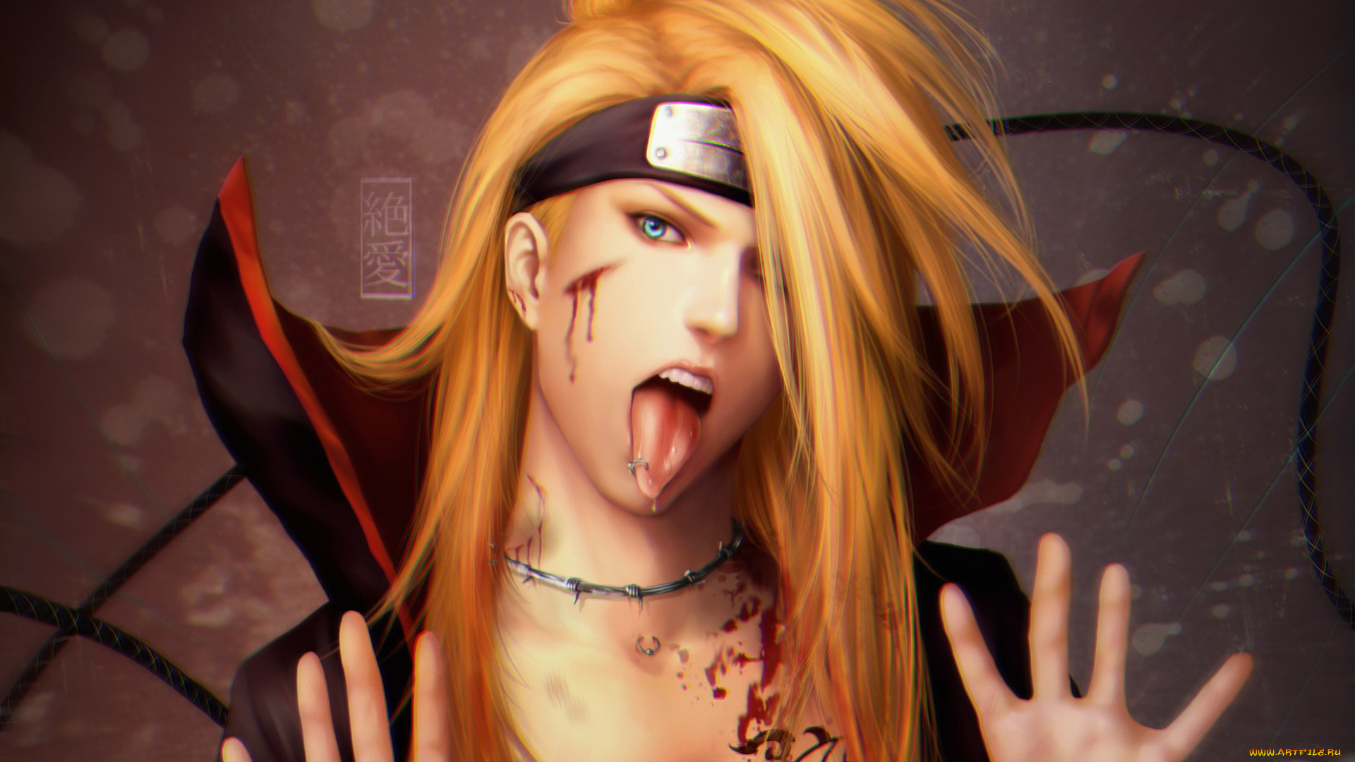 аниме, naruto, кровь, язык, повязка, девушка, наруто, ошейник