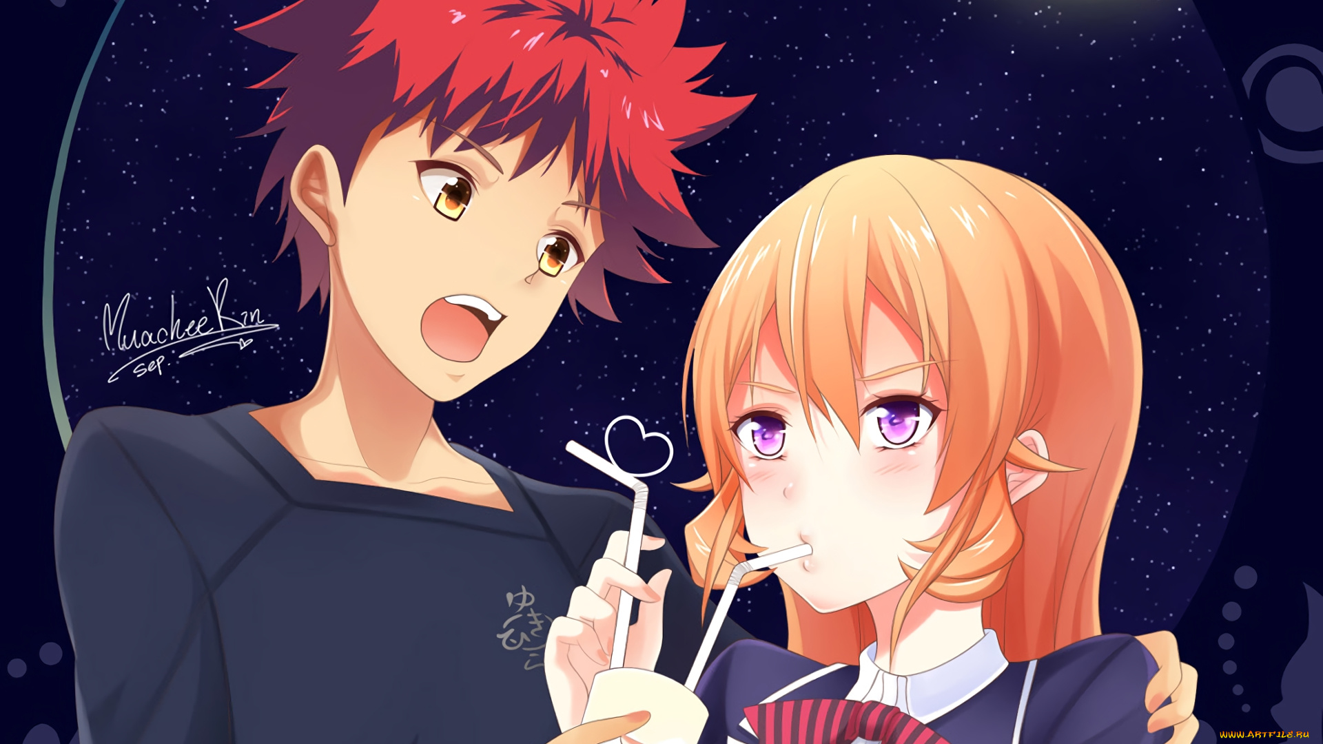 аниме, shokugeki, no, soma, взгляд, девушка, парень, фон