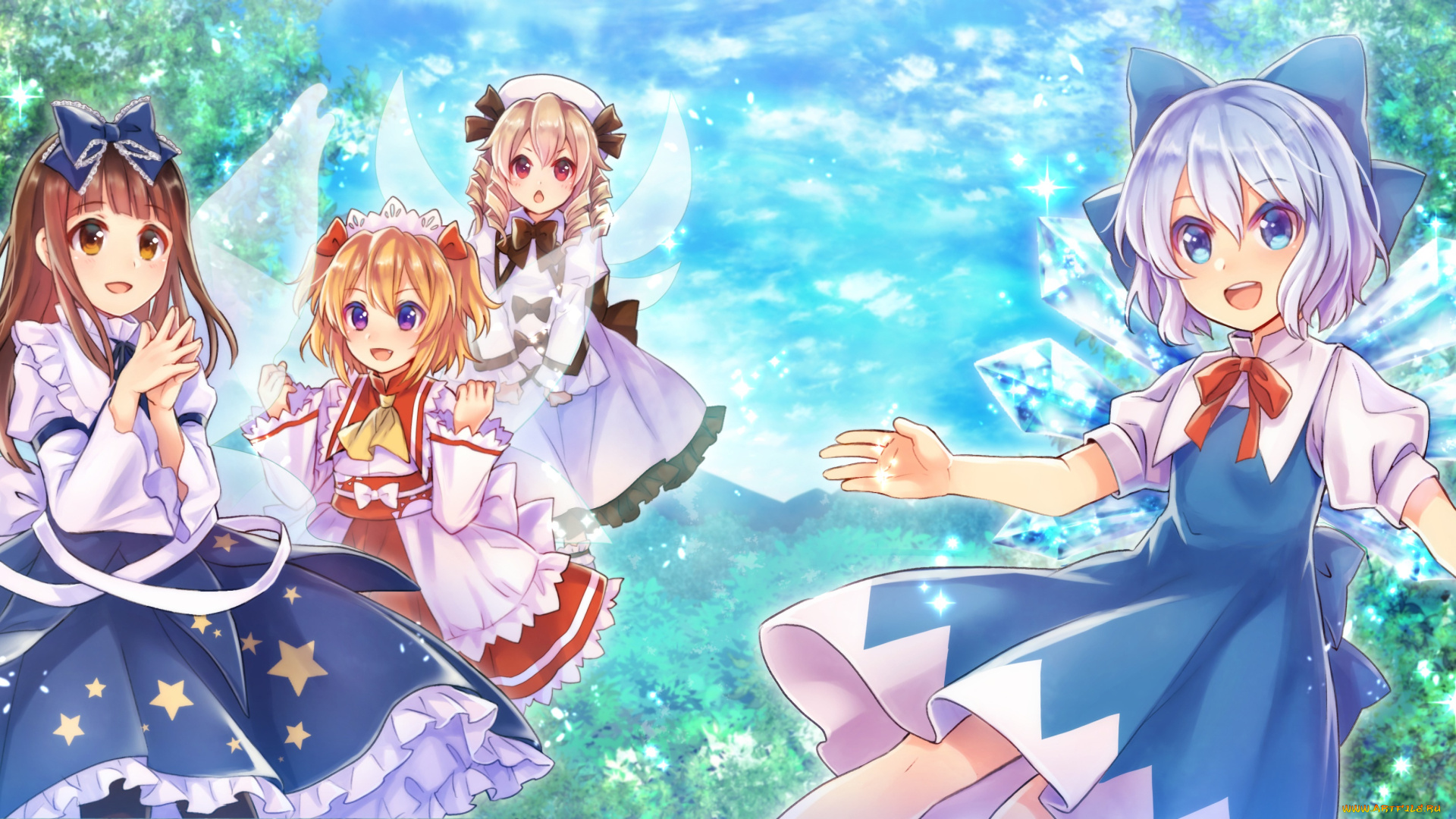 аниме, touhou, девушки, взгляд, фон