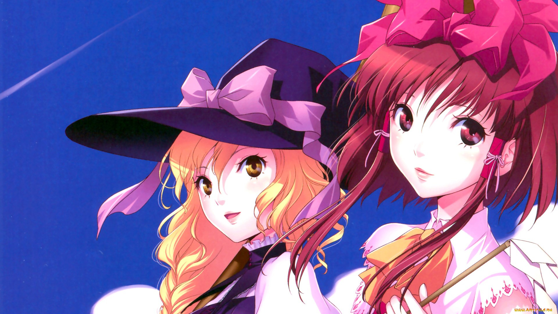 аниме, touhou, небо, шляпа, девочки, банты