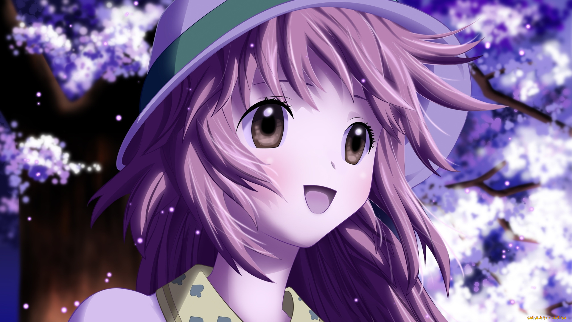 аниме, unknown, , другое, сакура, радость, шляпа, улыбка, девочка