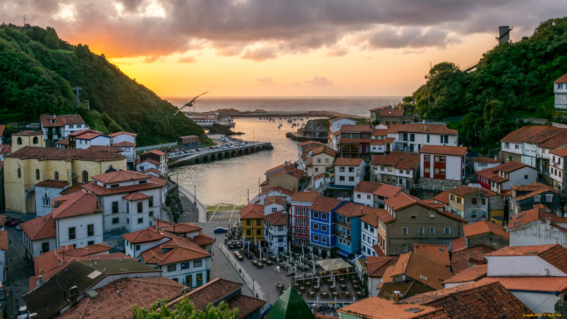 atardecer, en, cudillero, города, -, панорамы, бухта, городок