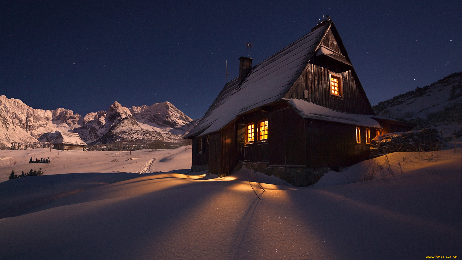 города, -, здания, , дома, снег, дом, ночь, горы