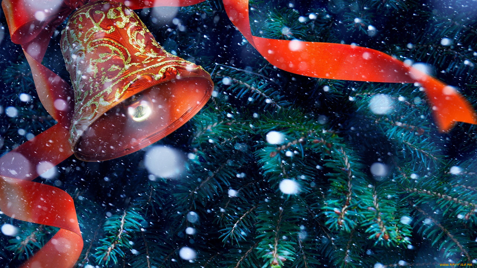 праздничные, колокольчики, колокольчик, ёлка, снег, лента