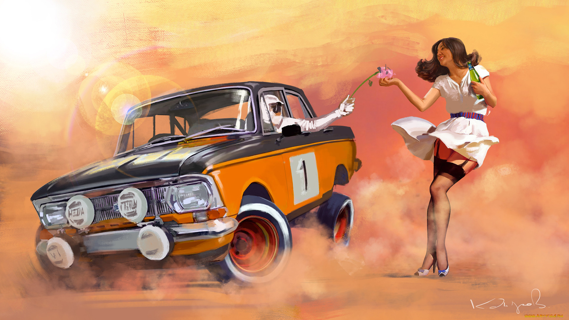 рисованное, люди, ралли, взгляд, девушка, автомобиль, фон