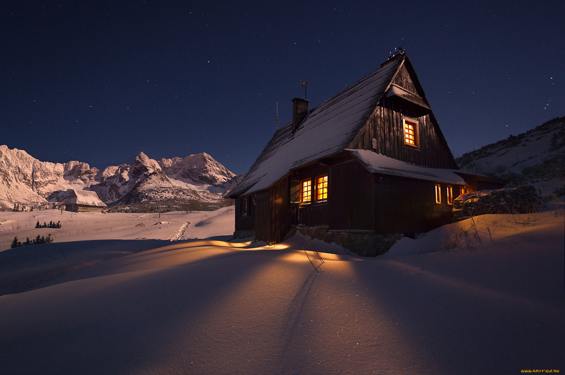 города, -, здания, , дома, снег, дом, ночь, горы