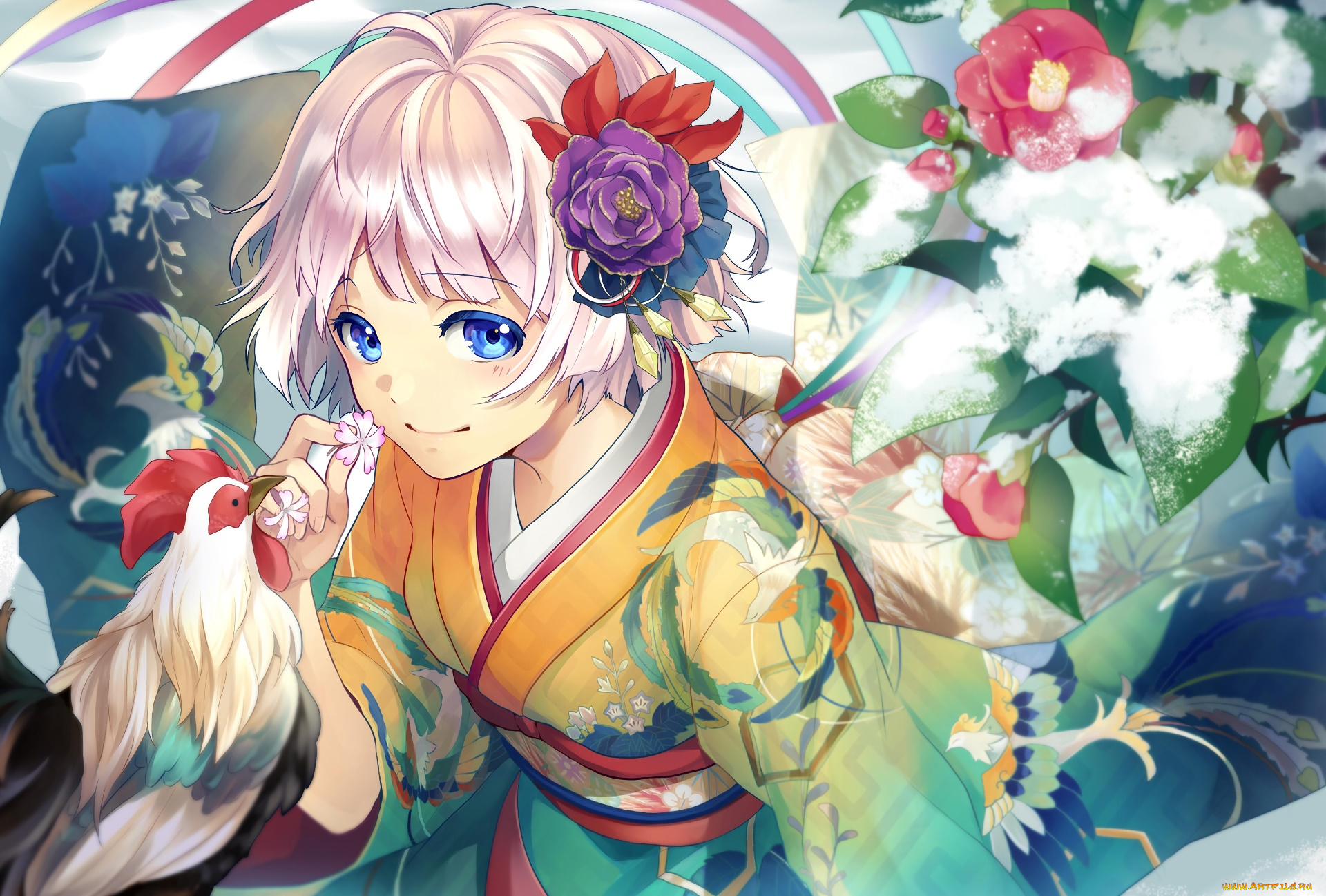 аниме, зима, , новый, год, , рождество, петух, фон, взгляд, девушка