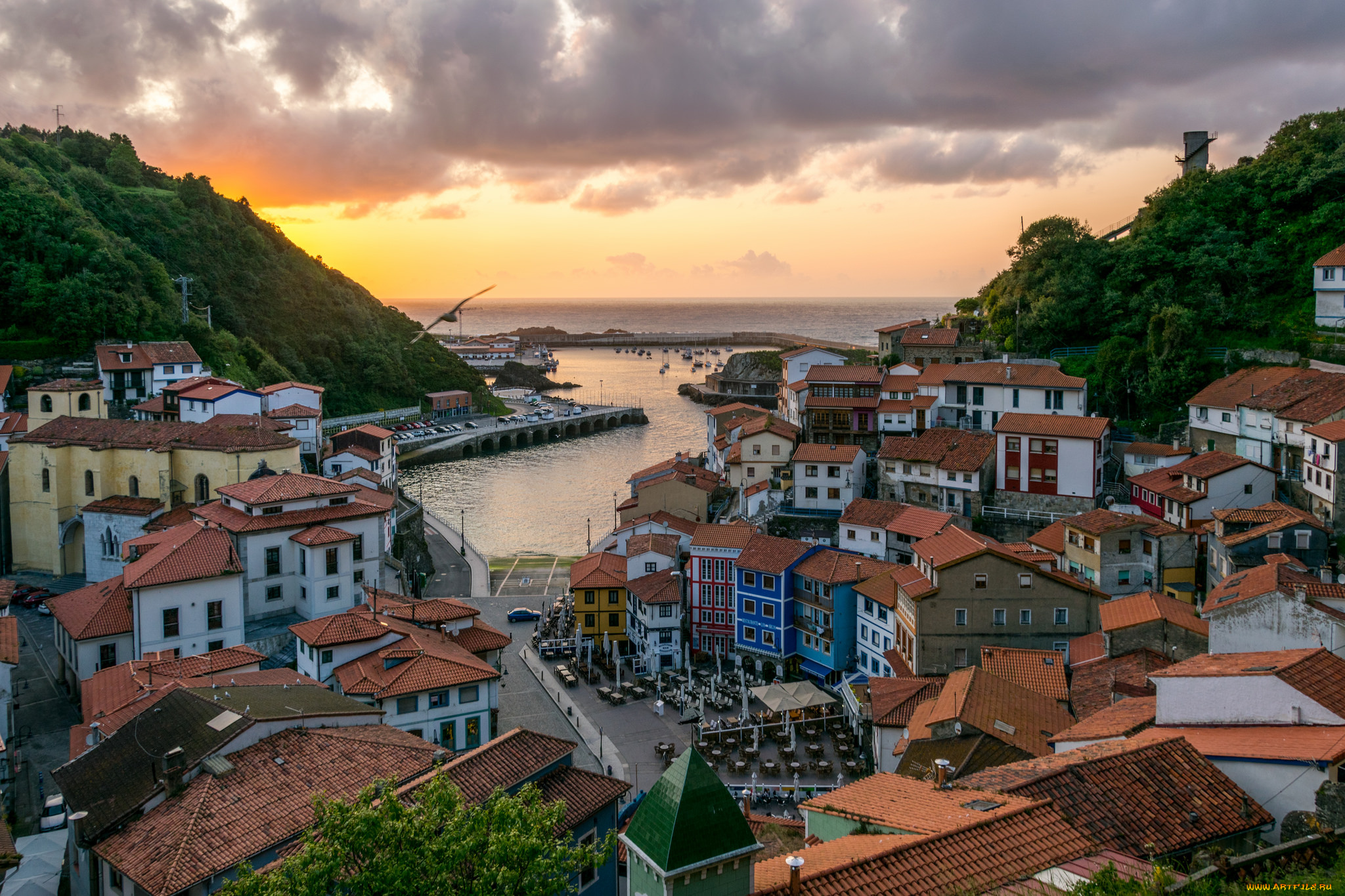 atardecer, en, cudillero, города, -, панорамы, бухта, городок