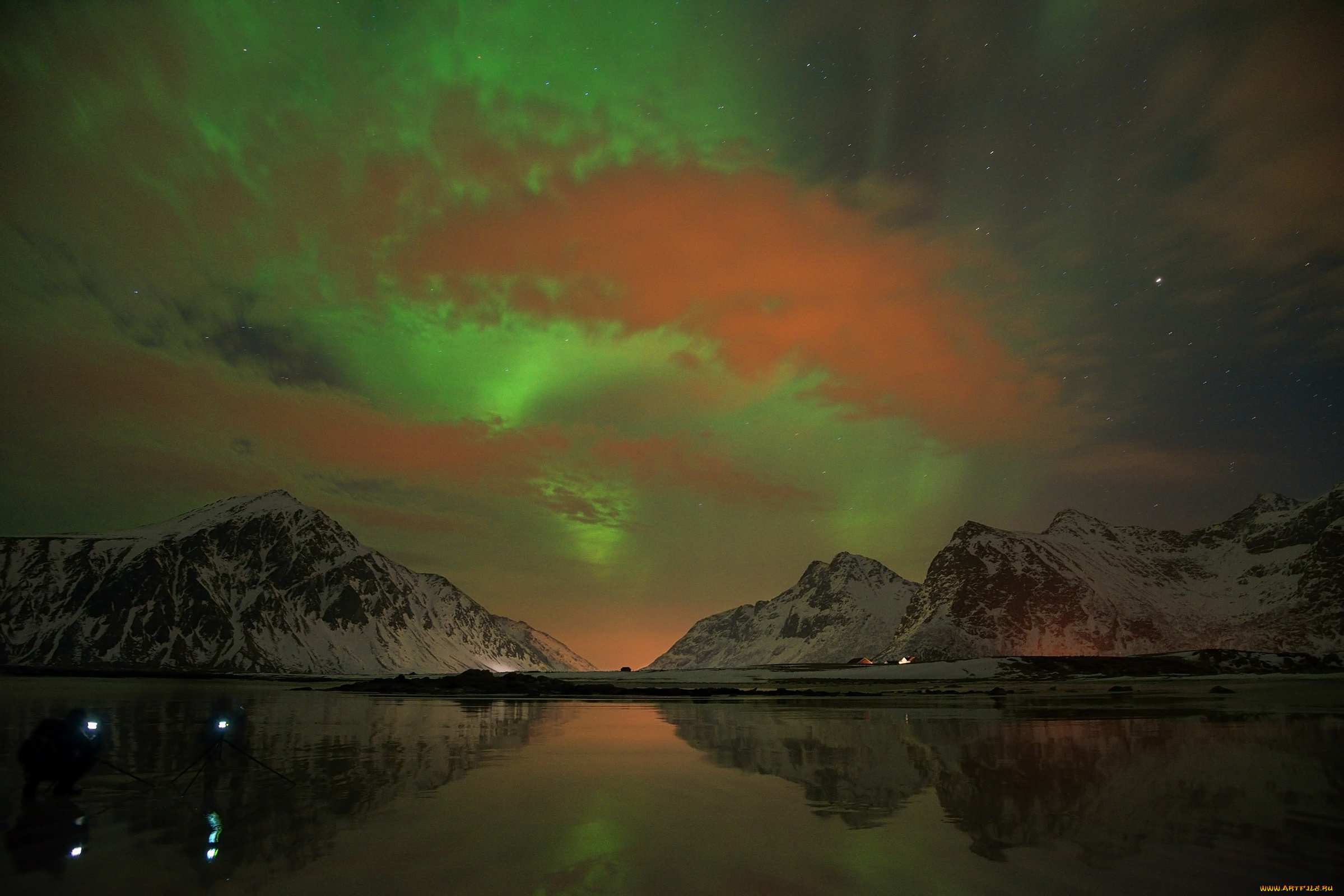 природа, северное, сияние, горы, облака, озеро