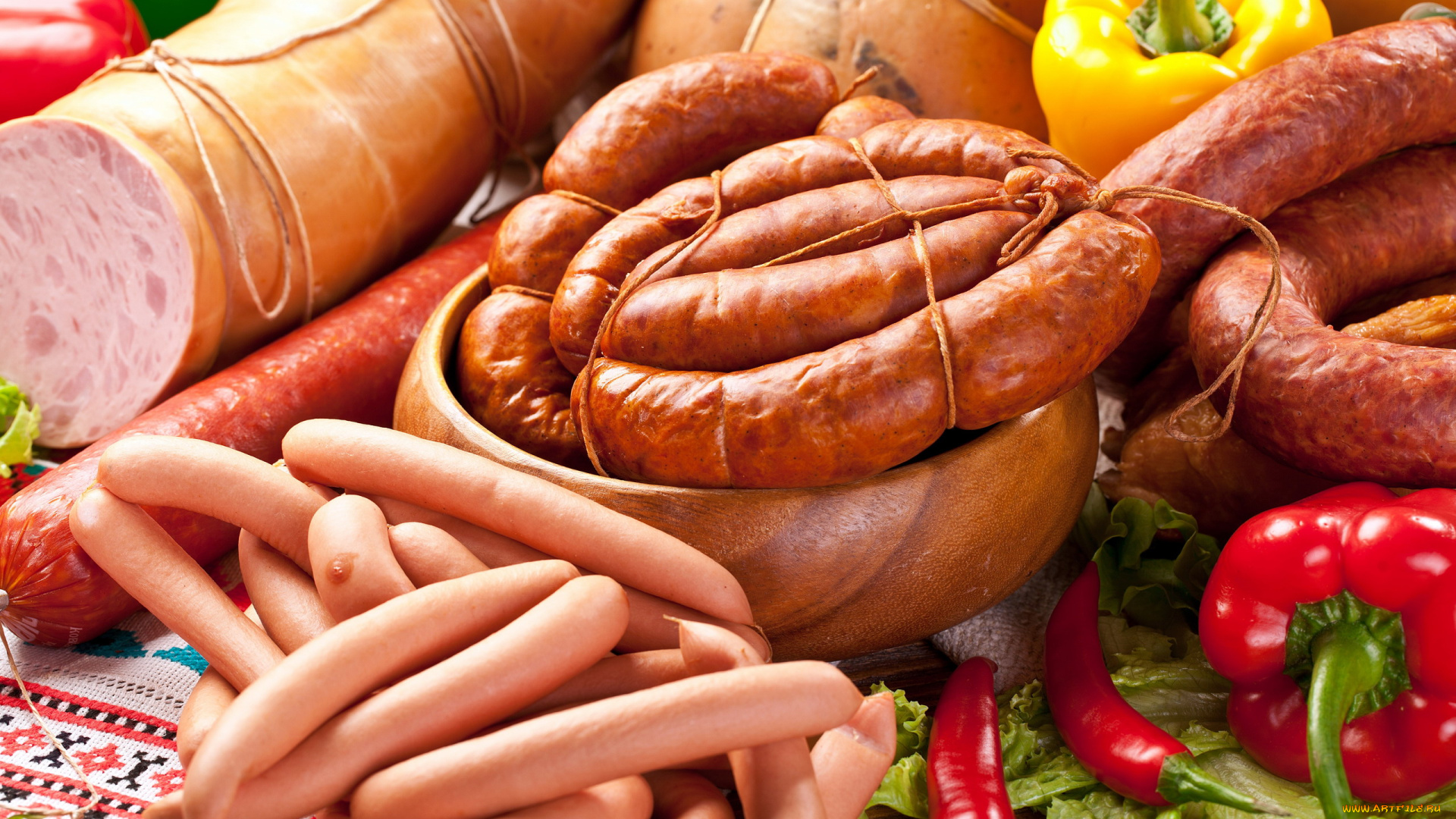 еда, колбасные, изделия, перец, ассорти, сосиски, колбаса