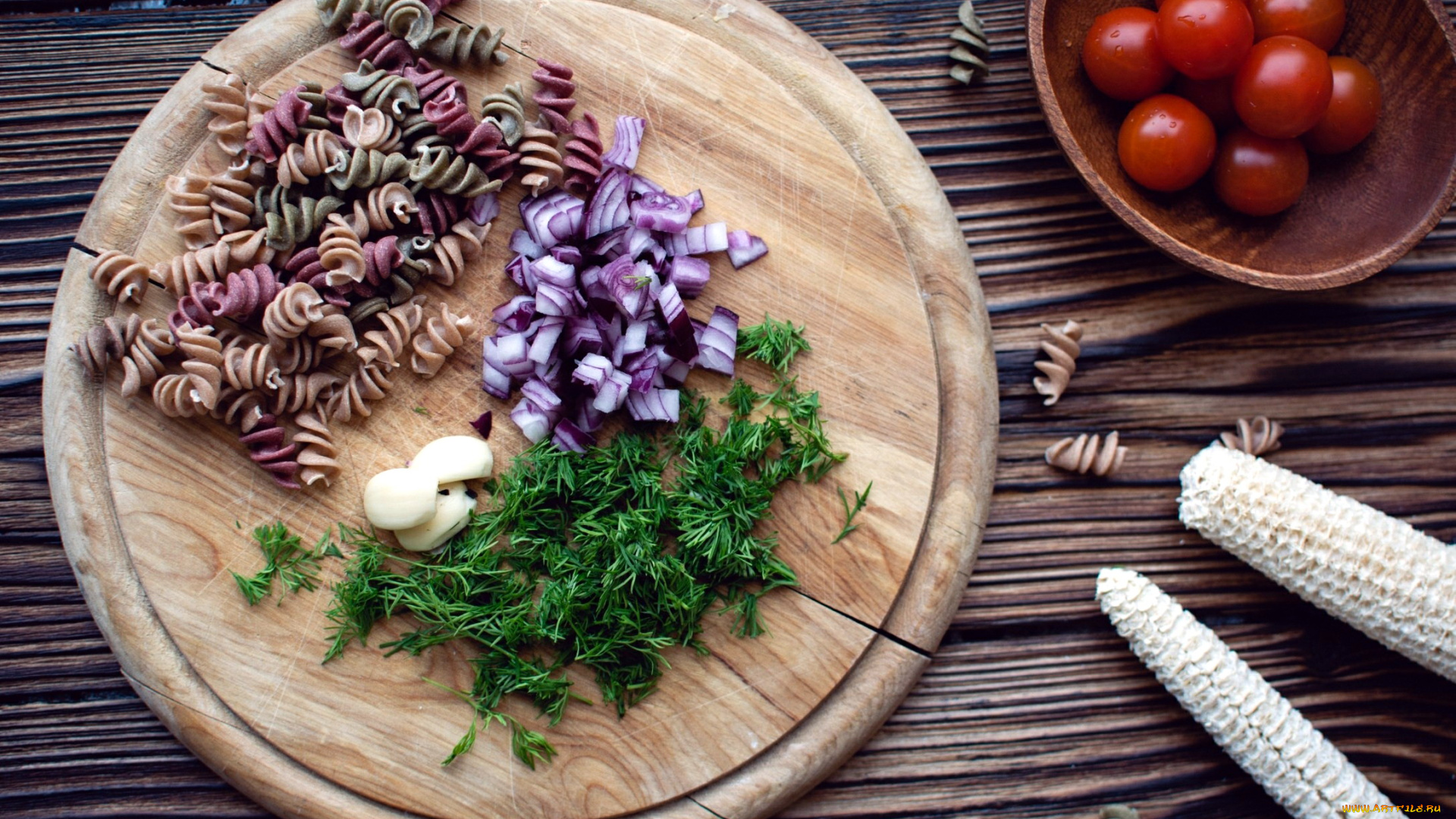 еда, макаронные, блюда, укроп, чеснок, лук, макароны, помидоры, томаты