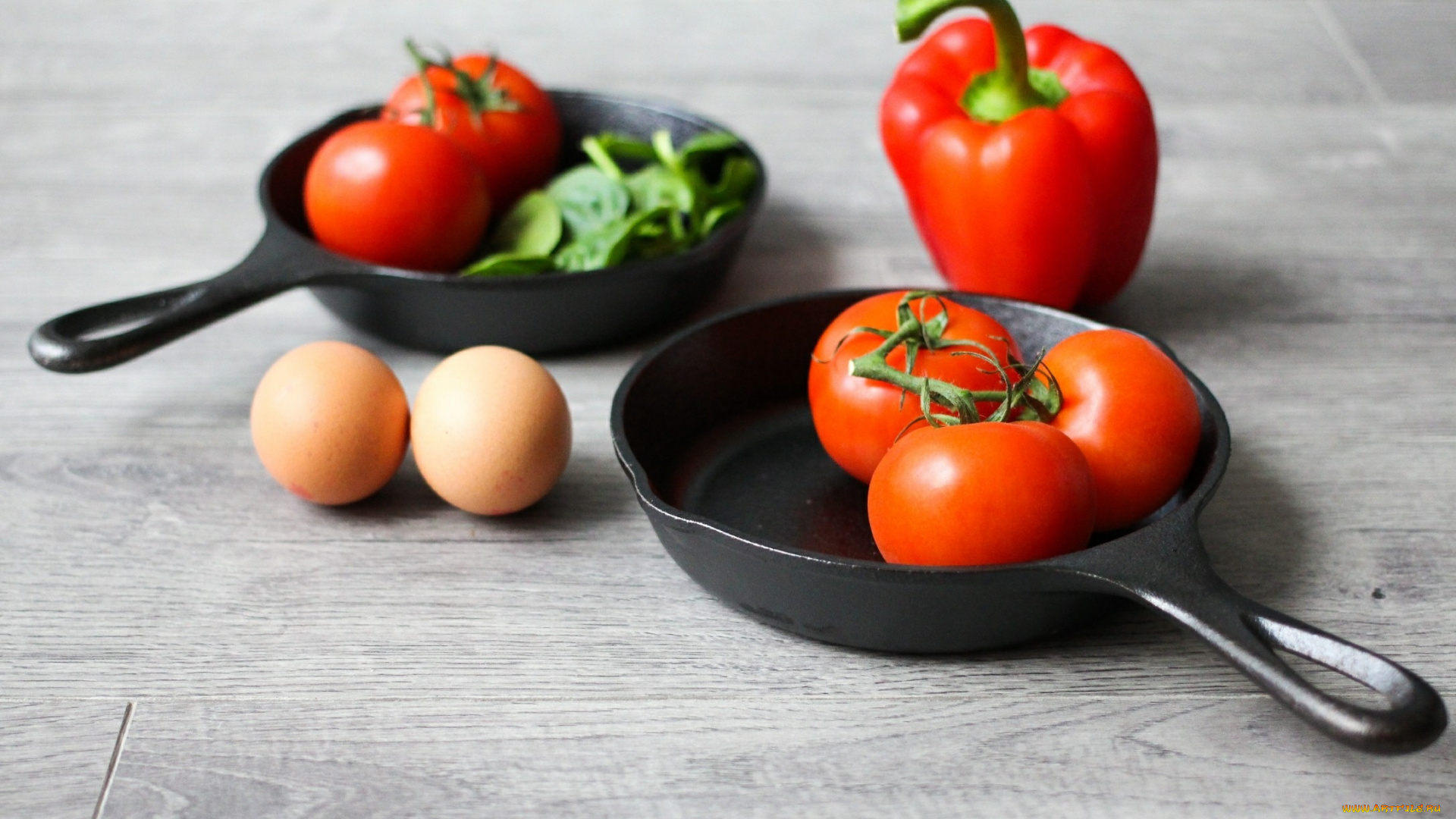 еда, разное, помидоры, яйца, шпинат, перец, томаты