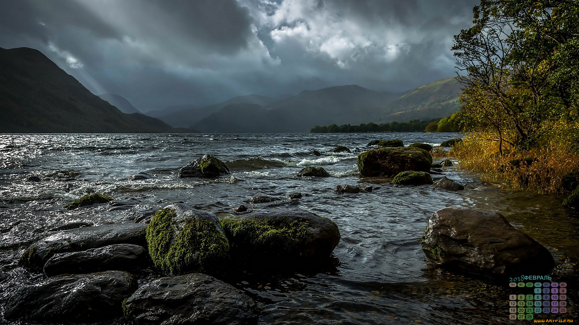 календари, природа, 2018, водоем, облака, камни, деревья