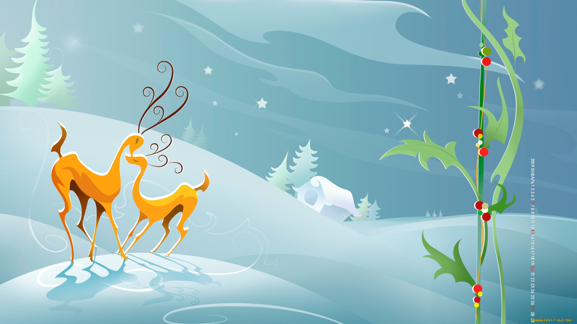 календари, рисованные, , векторная, графика, дом, елка, олень, узор