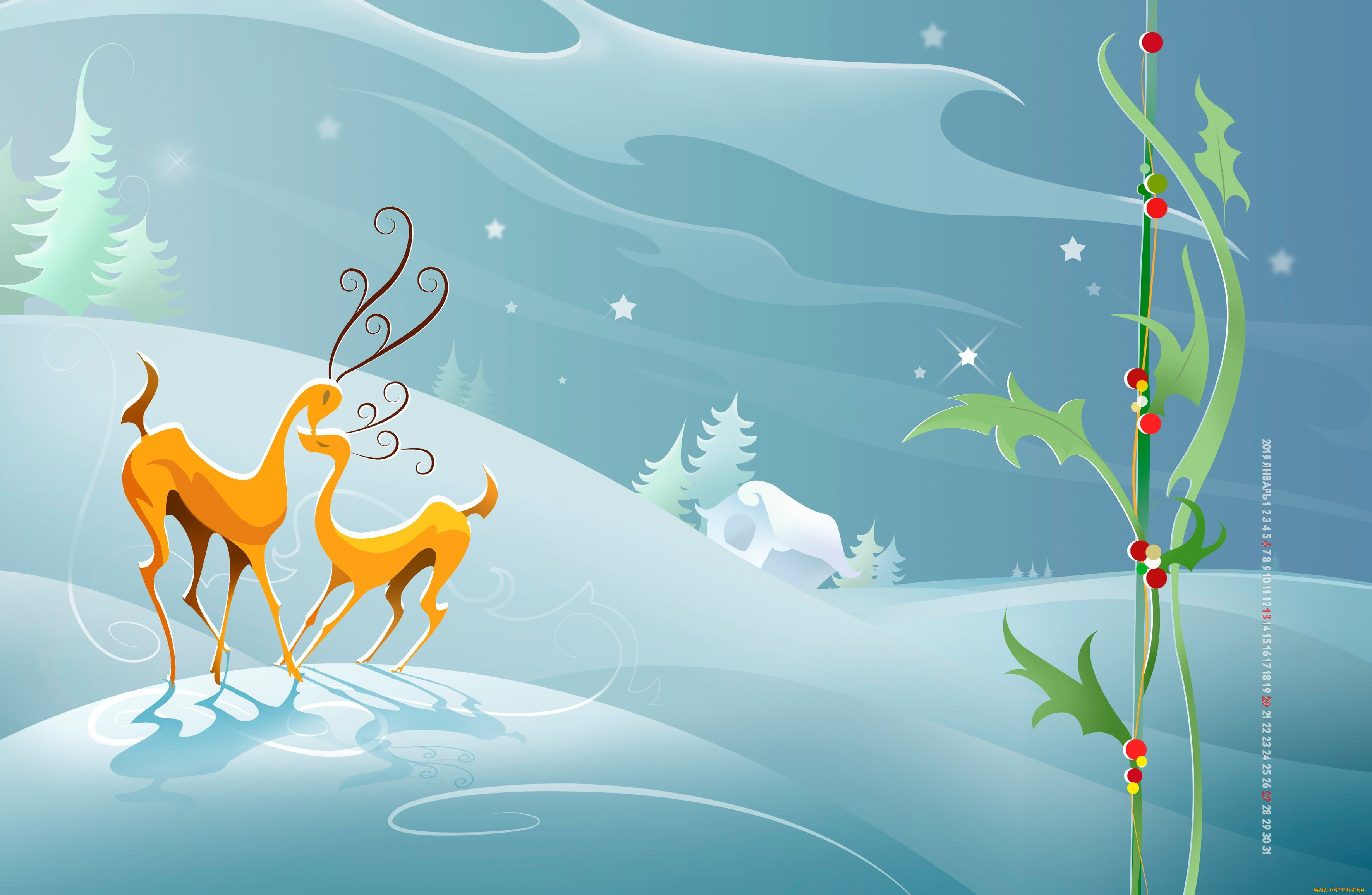 календари, рисованные, , векторная, графика, дом, елка, олень, узор