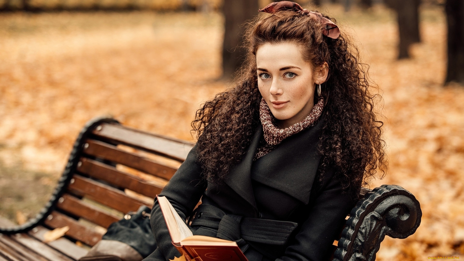 девушки, -, брюнетки, , шатенки, парк, осень, скамейка, шатенка, локоны, книга, елена, северьянова