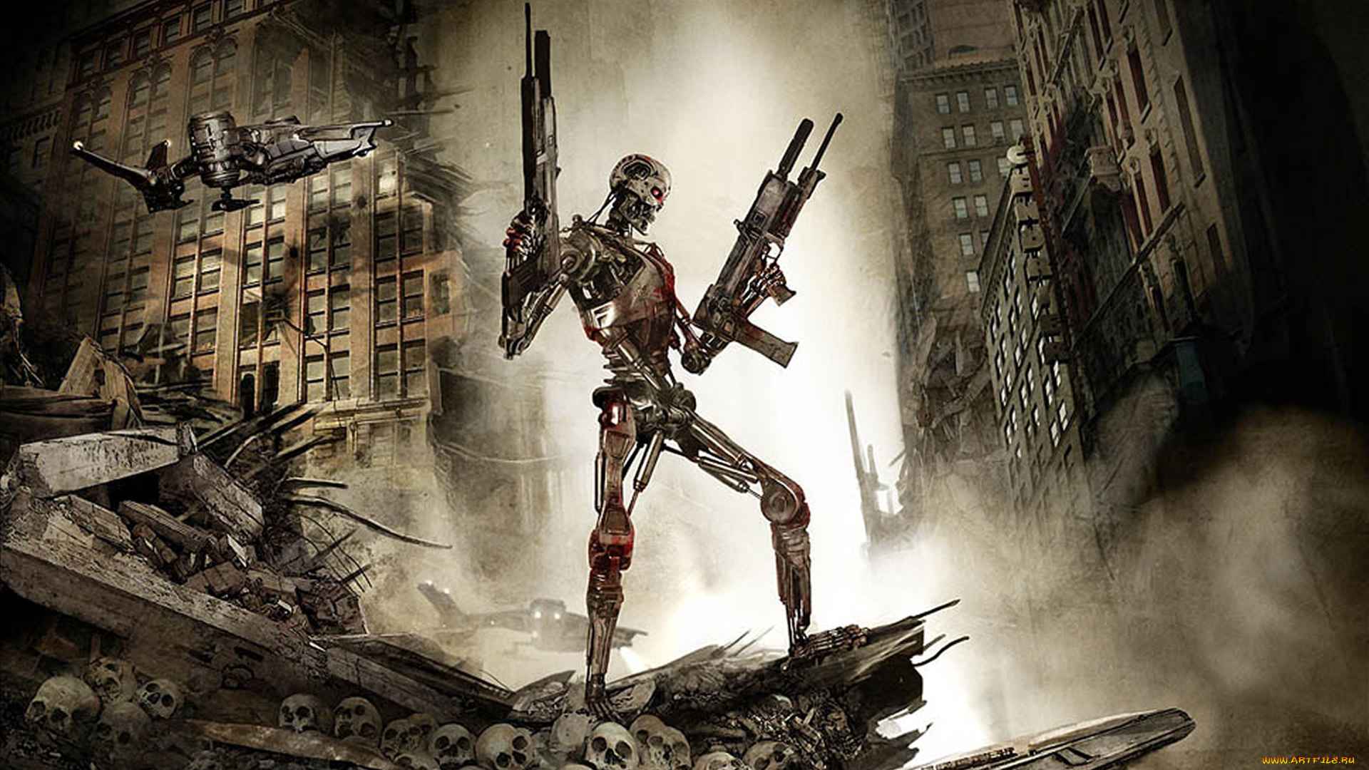 рисованное, кино, , мультфильмы, терминатор, оружие, дрон, город, руины