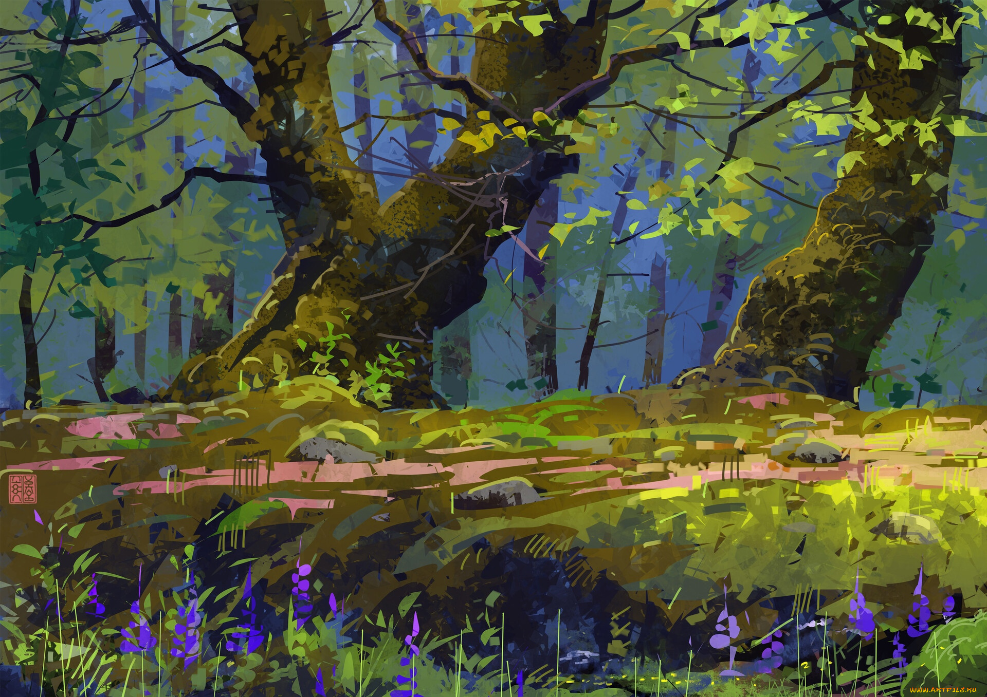 рисованное, природа, лес