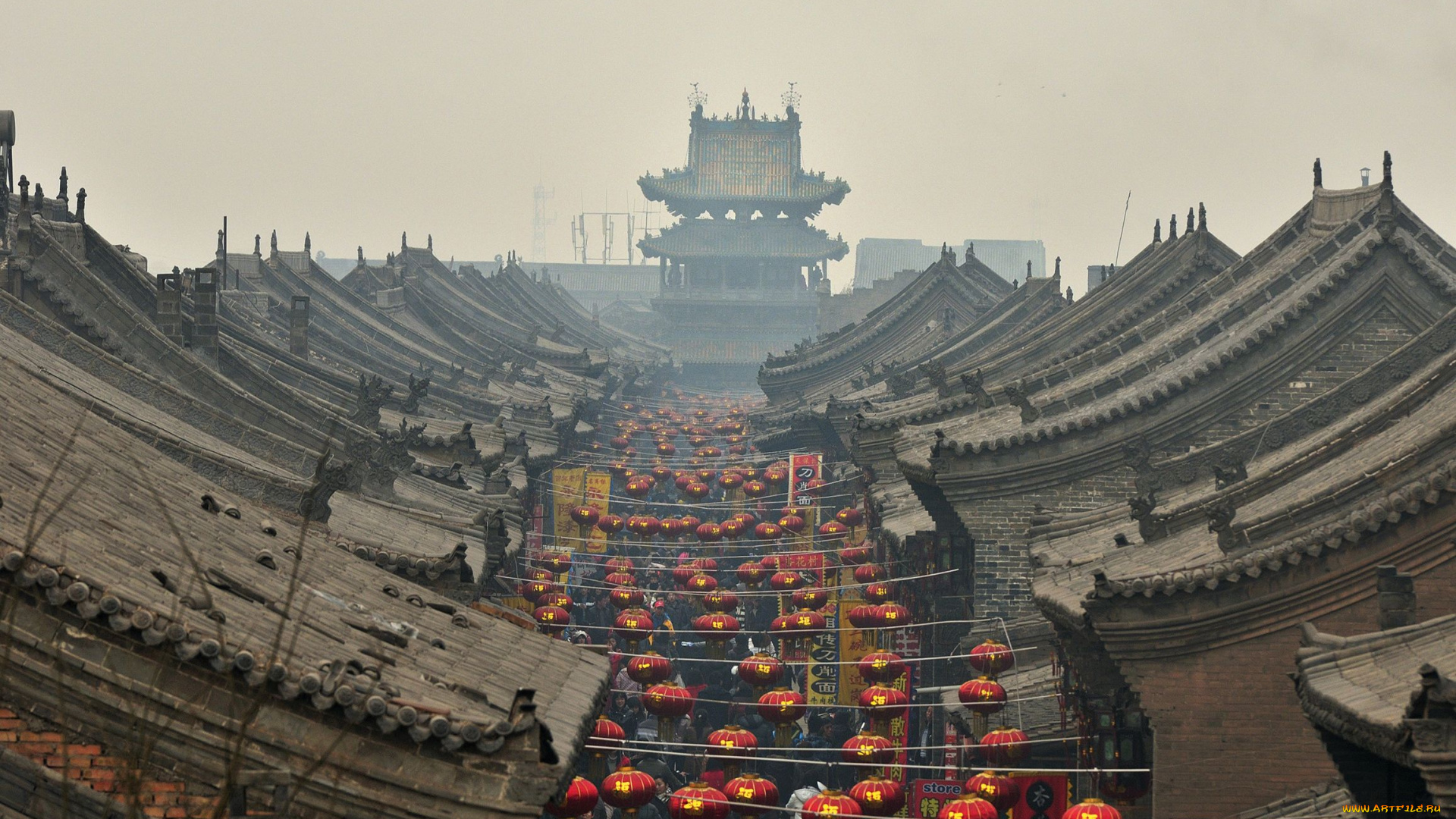 города, -, здания, , дома, архитектура, крыши, фонарь, улица, небо, китайский, фонарик, смог