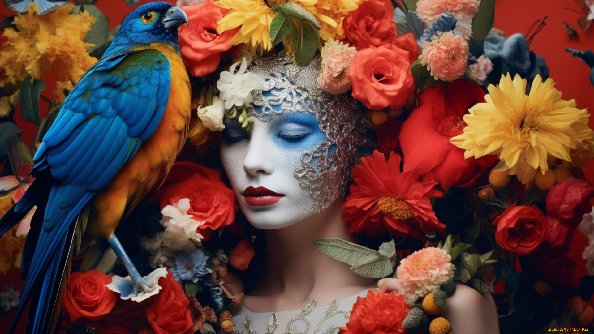 3д, графика, портрет, , portraits, девушка, цветы, птица, голубь, макияж, роспись, грим, ии-арт