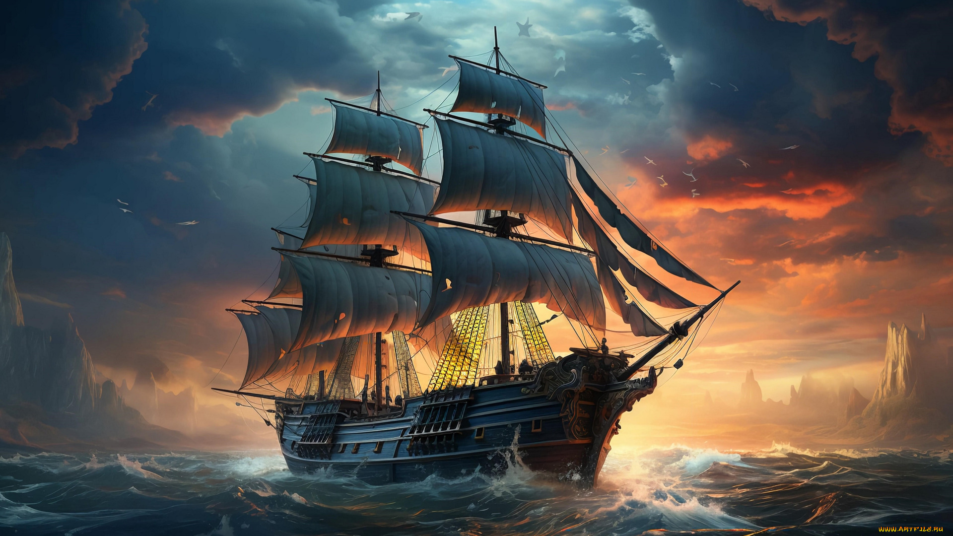 корабли, 3d, море, небо, вода, облака, корабль, парусник, паруса, водоем