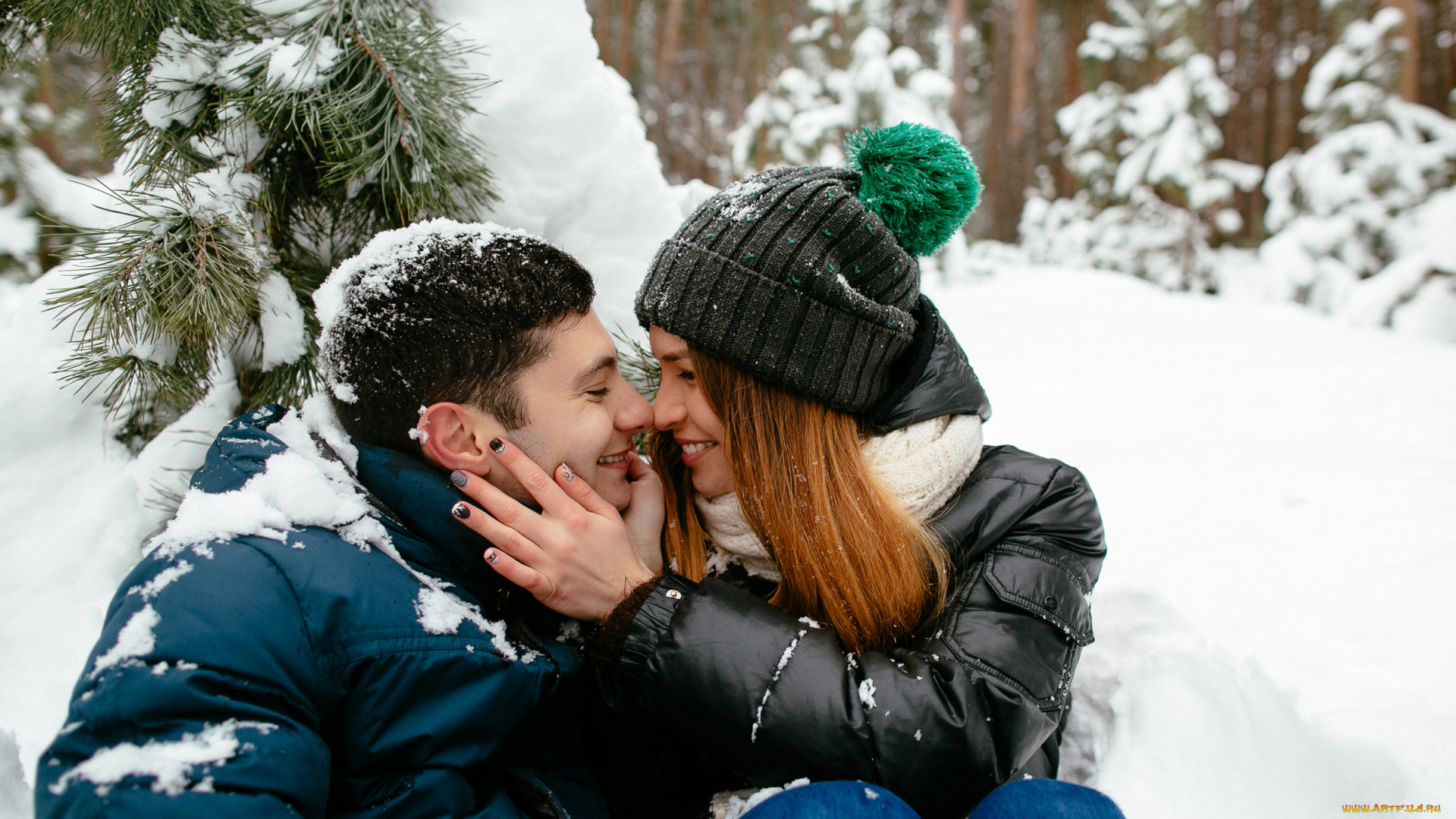 разное, мужчина, женщина, пара, снег, лес