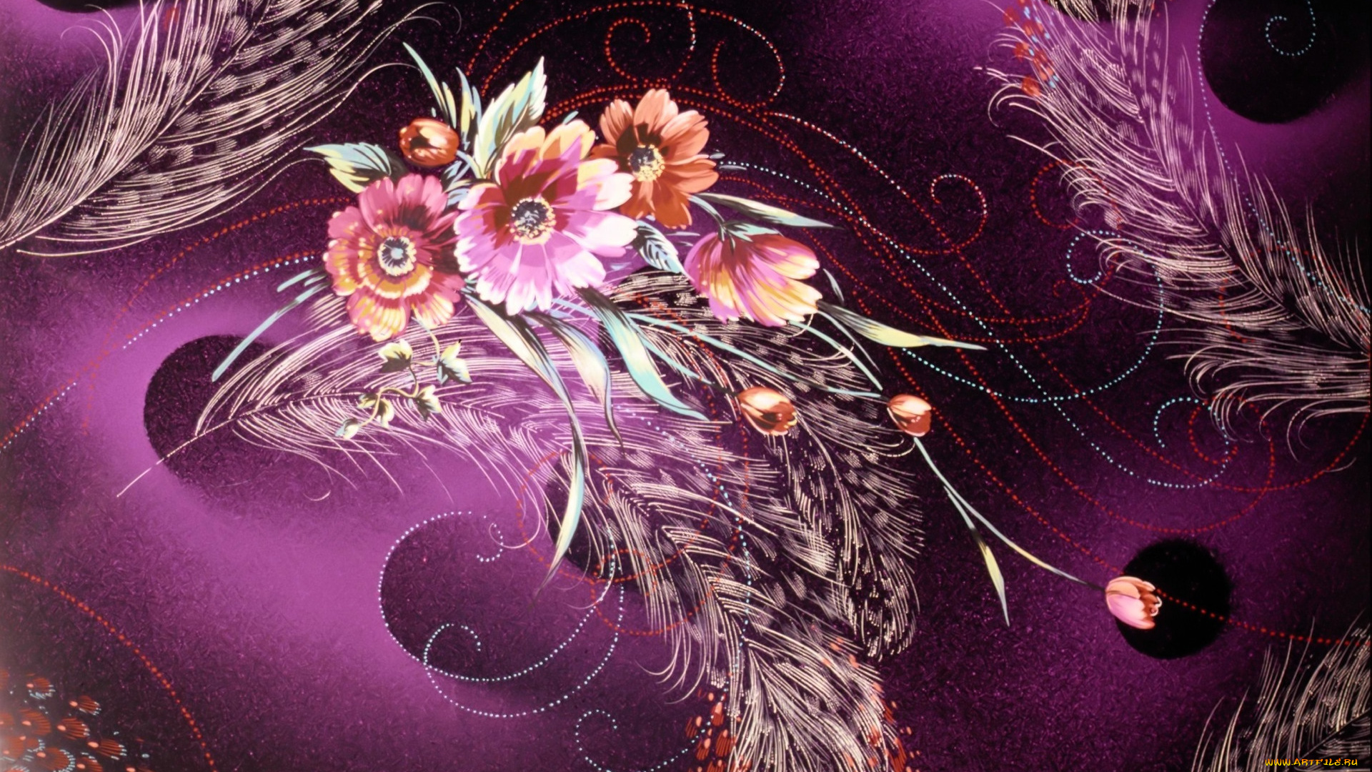 рисованное, цветы, перья