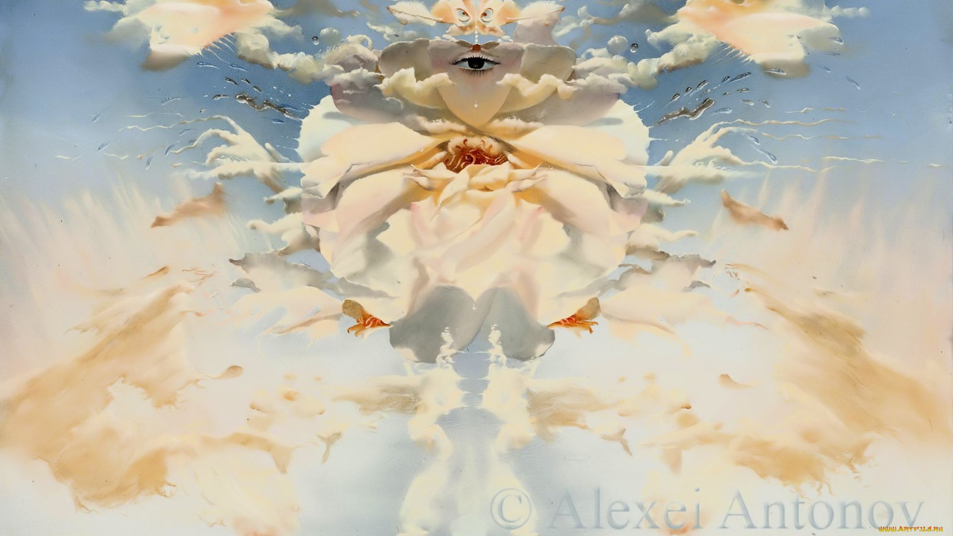 рождение, ангела, рисованное, алексей, антонов, облака, лепестки, небо, глаз