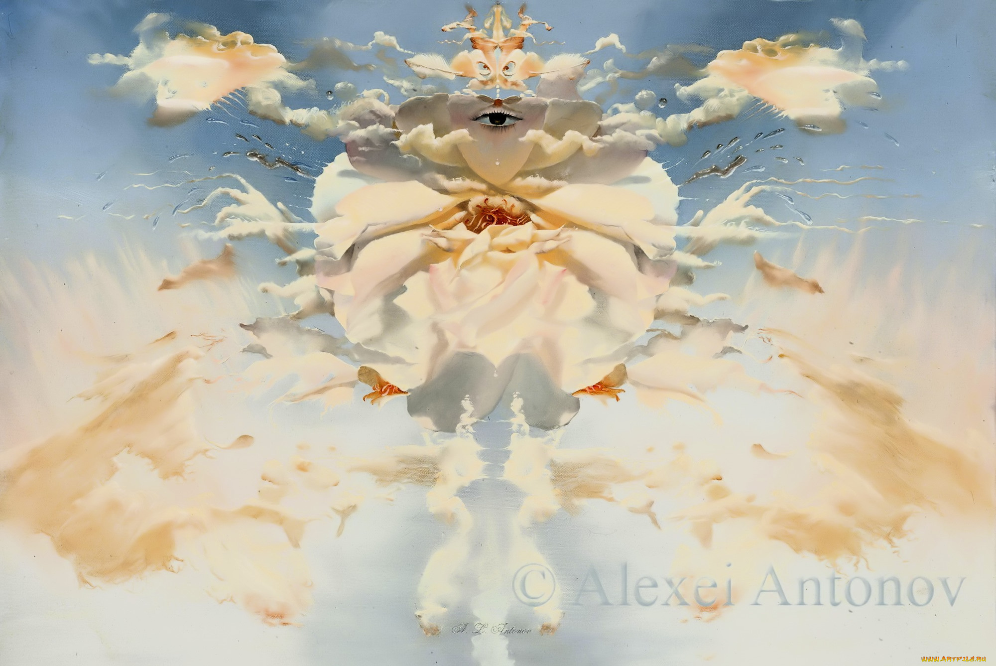 рождение, ангела, рисованное, алексей, антонов, облака, лепестки, небо, глаз