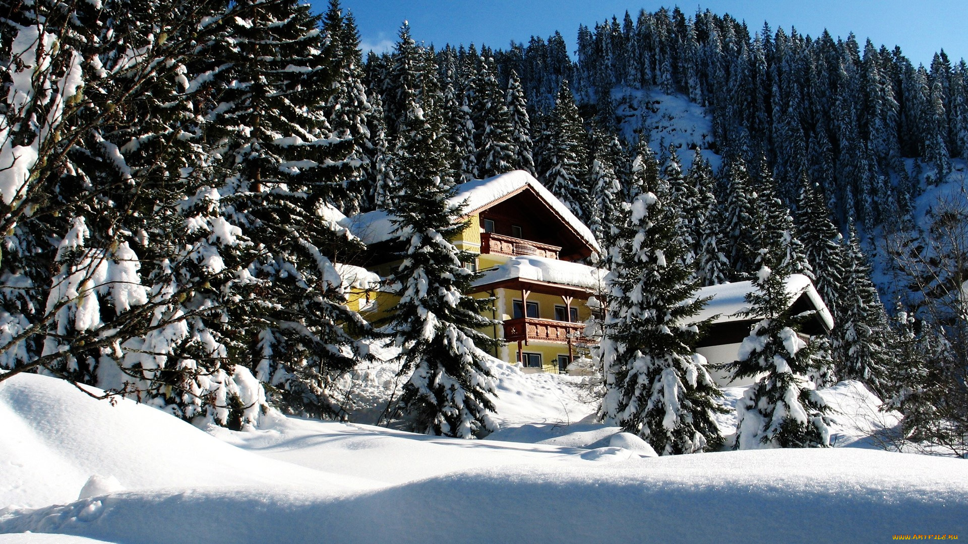 города, -, здания, , дома, коттедж, горы, лес, снег, зима