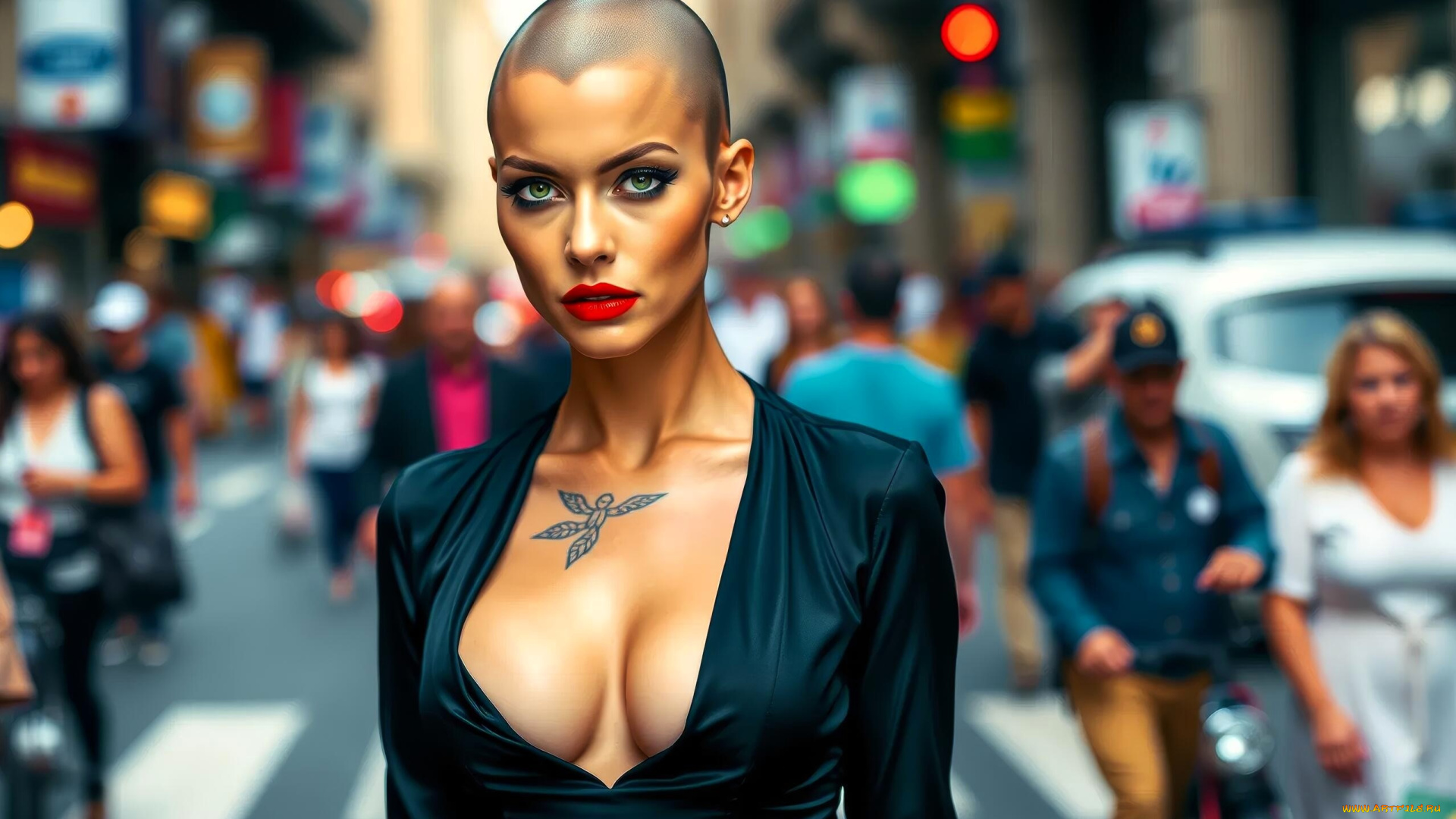 рисованное, люди, девушка, лысая, тату, платье, город