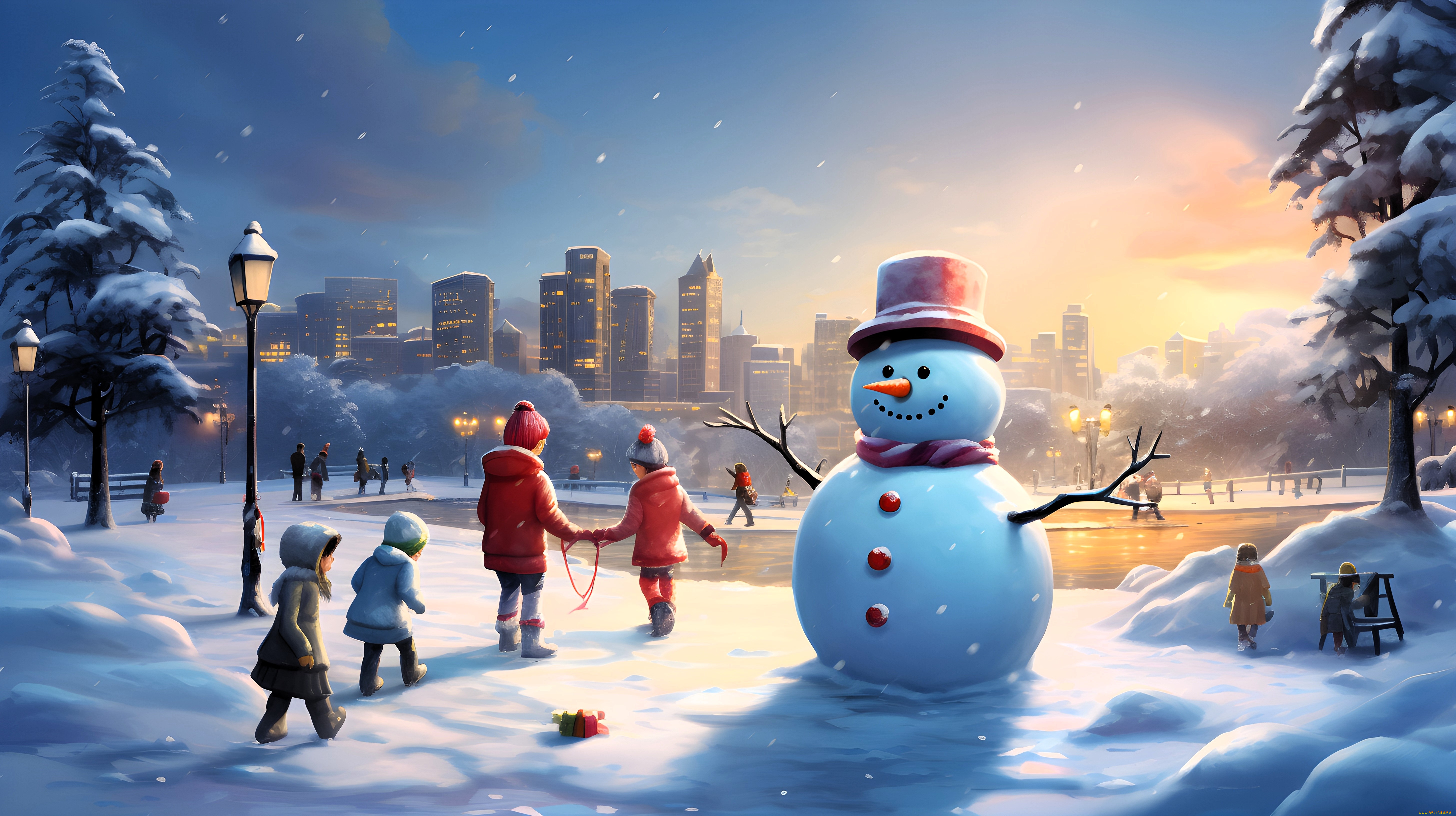 рисованное, дети, снеговик, снег, зима, озеро, дома, парк