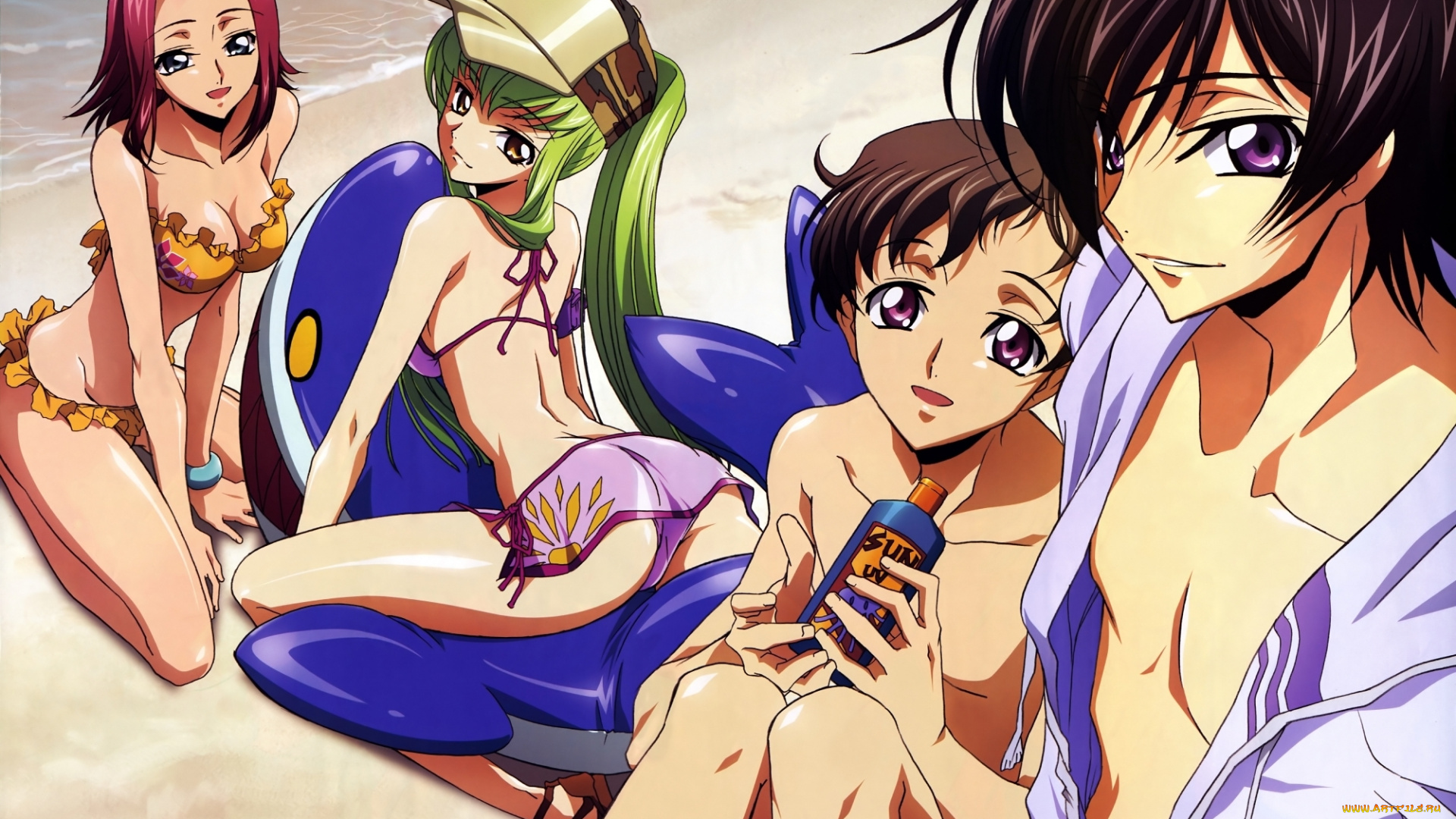 аниме, code, geass, парни, девушки, пляж, песок, море