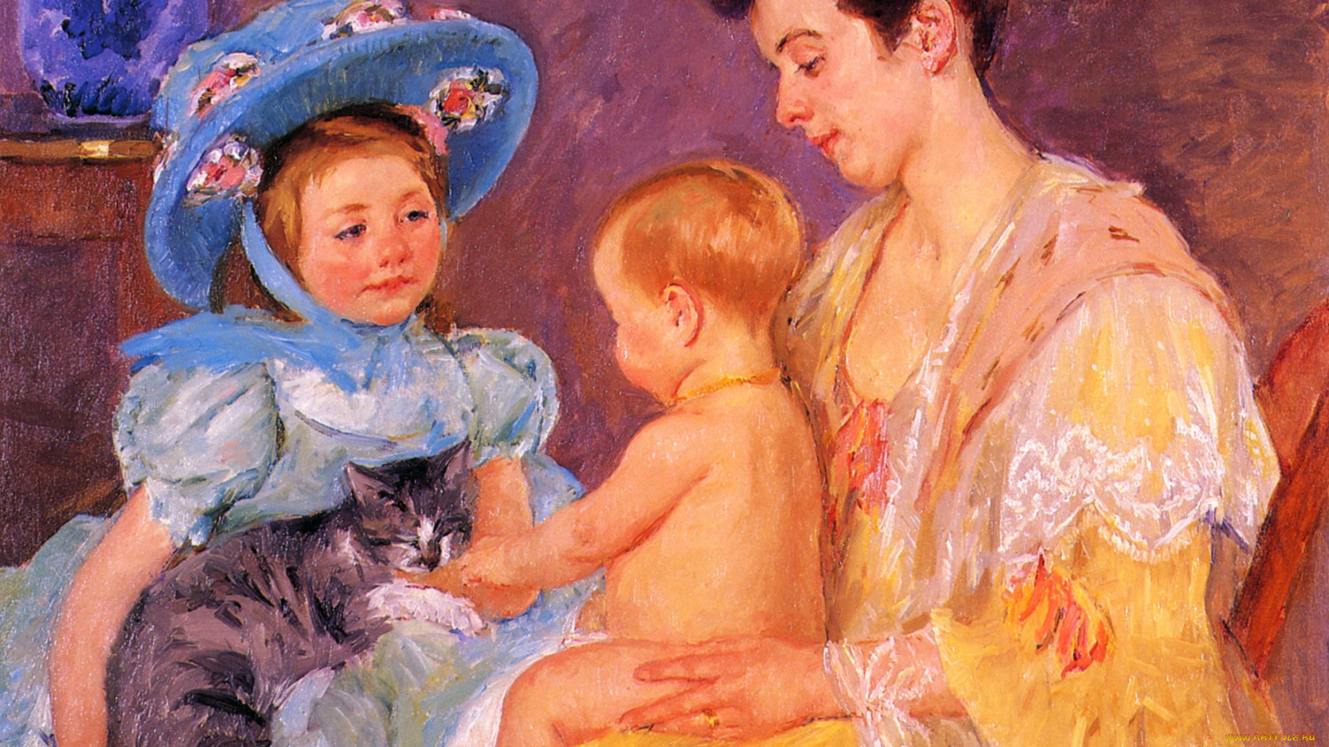 children, playing, with, cat, рисованные, mary, cassatt, девочка, шляпка, кошка, дети, игра