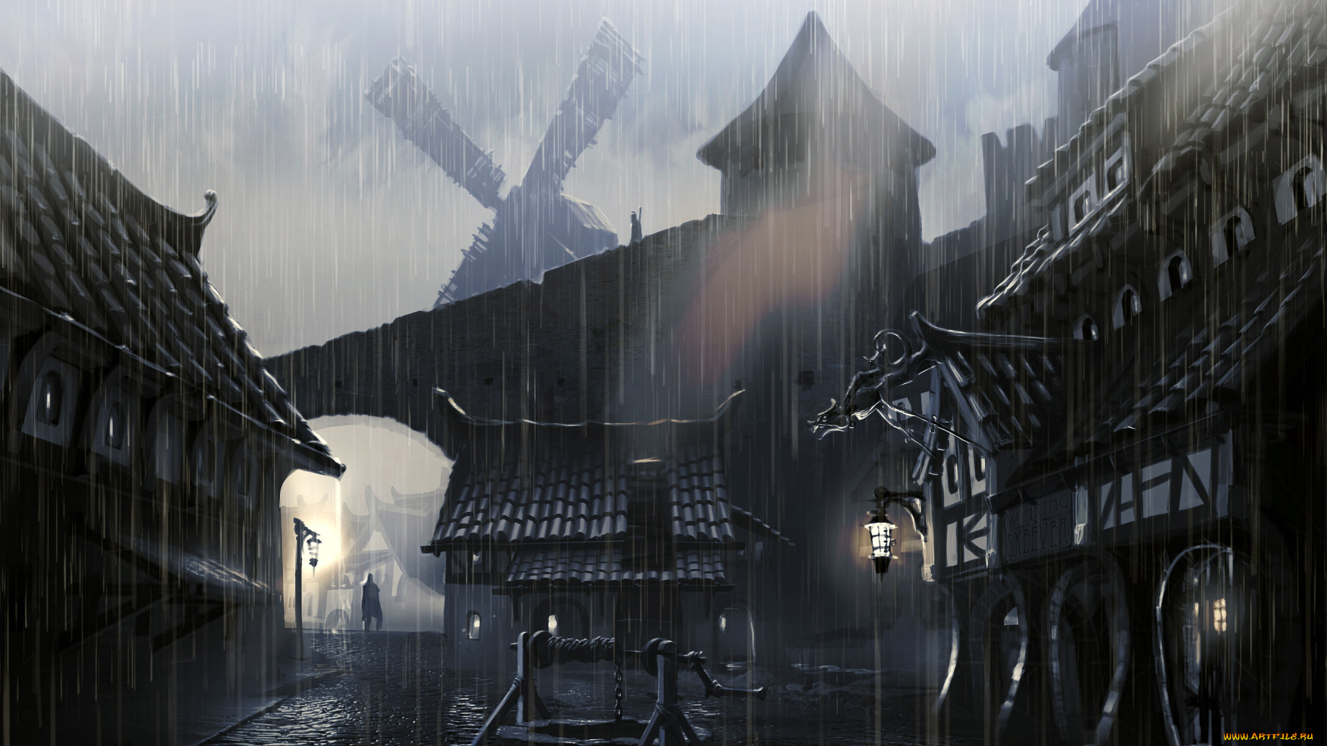 видео, игры, the, elder, scrolls, skyrim, человек, мельница, брусчатка, фонари, дождь, колодец, город