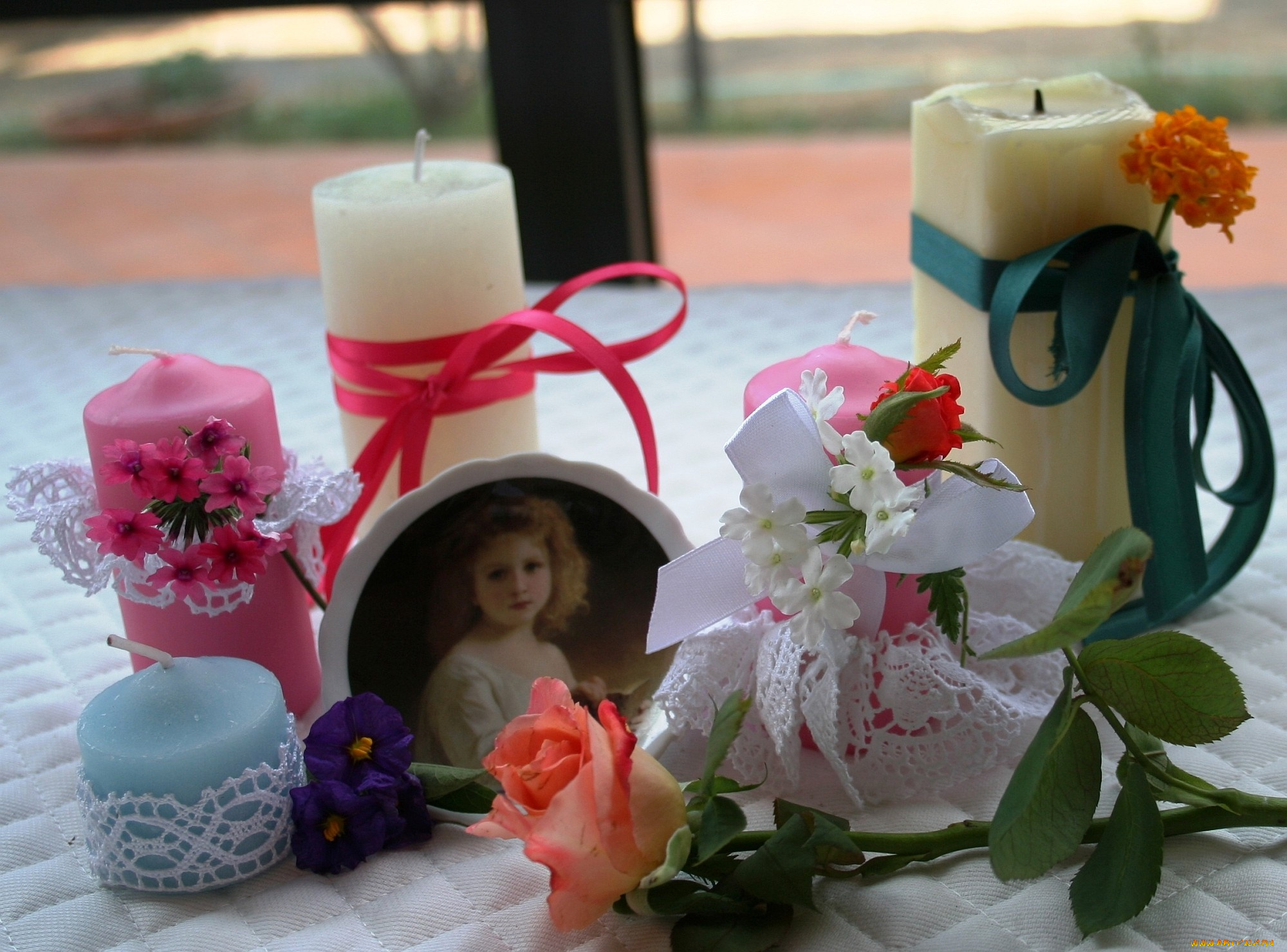 разное, свечи, роза, ленты, цветы, портрет