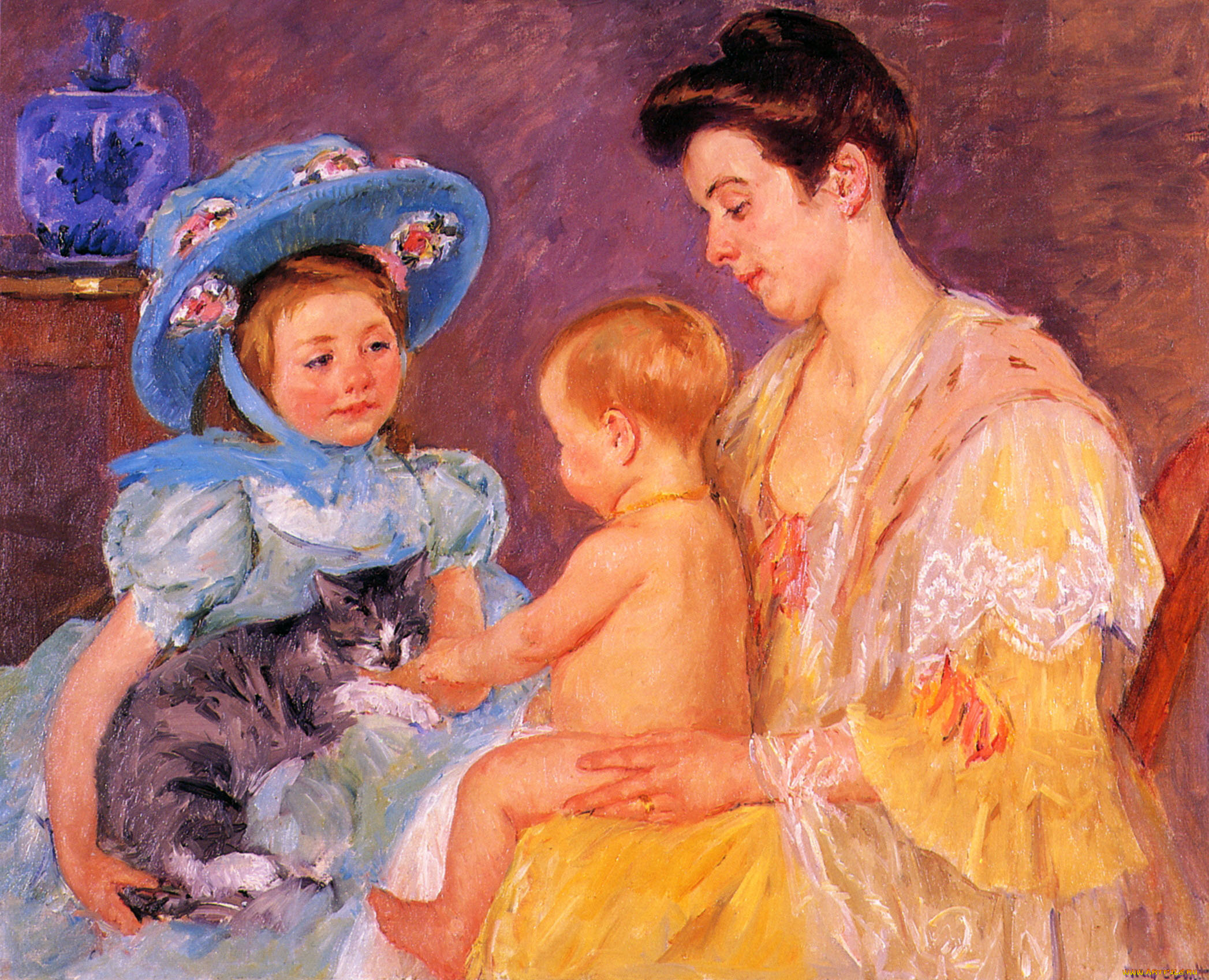 children, playing, with, cat, рисованные, mary, cassatt, девочка, шляпка, кошка, дети, игра