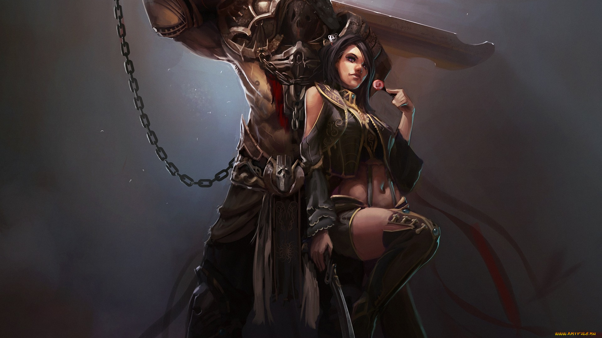 фэнтези, люди, меч, цепь, девушка, парень, сапоги, маска