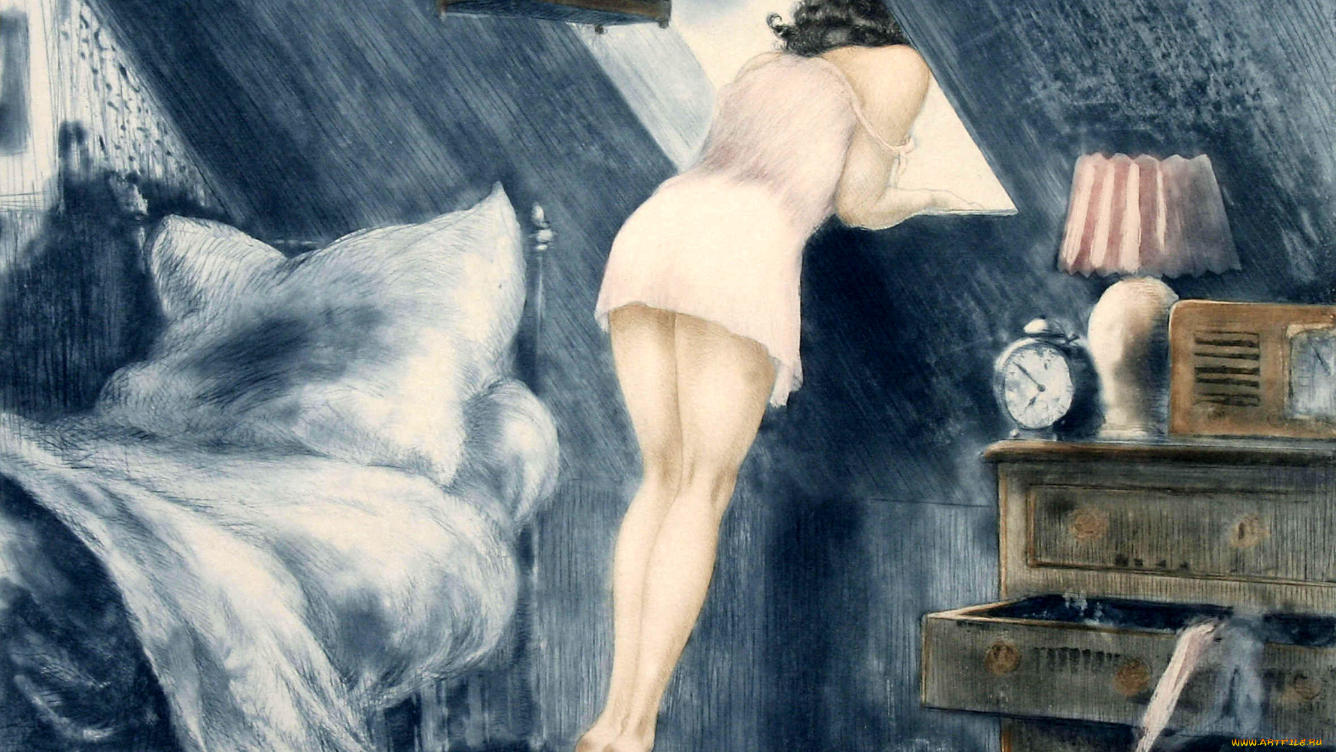 рисованные, люди, комната, девушка, кровать