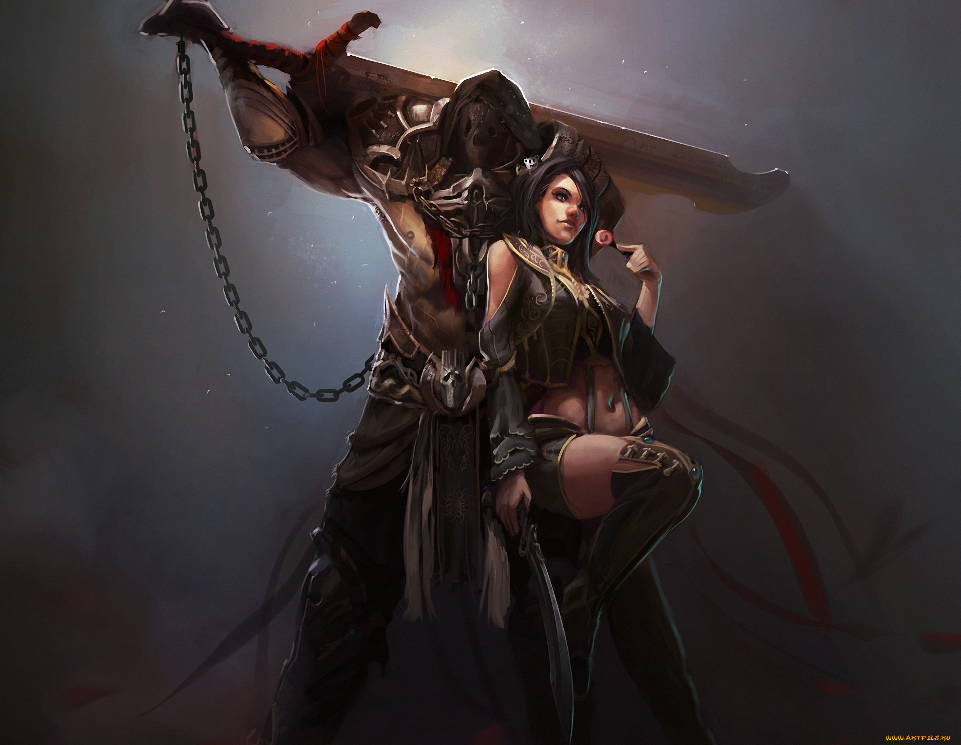 фэнтези, люди, меч, цепь, девушка, парень, сапоги, маска