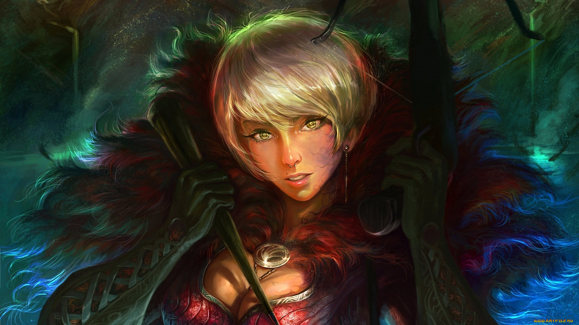 фэнтези, девушки, арбалет, кол, охотник, девушка, горы