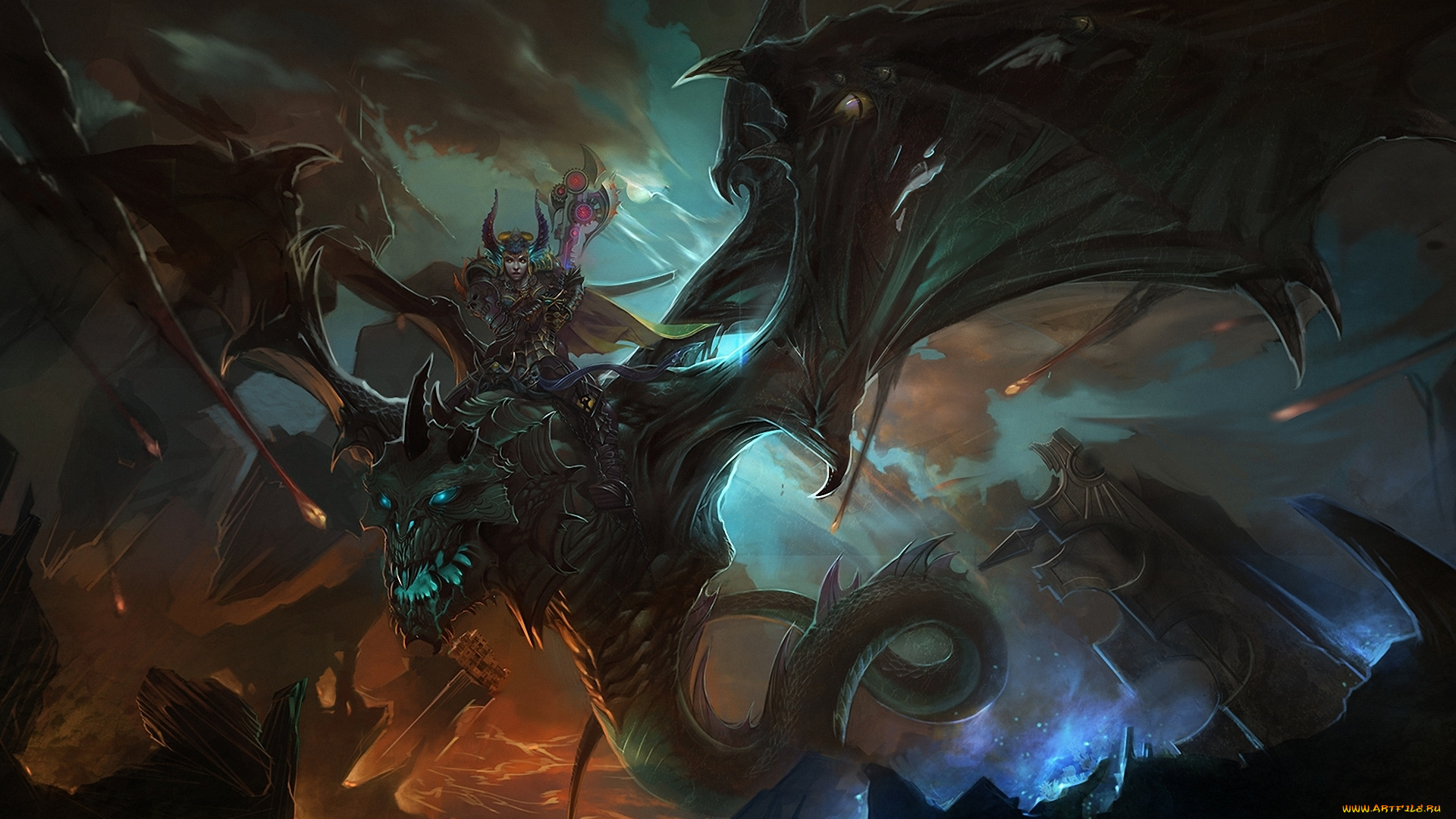 фэнтези, драконы, разрушения, всадник, наездник, воин, дракон