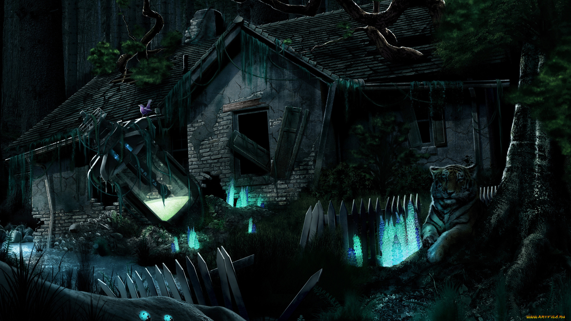 фэнтези, иные, миры, , иные, времена, тигр, лес, дом, разрушенный, готика