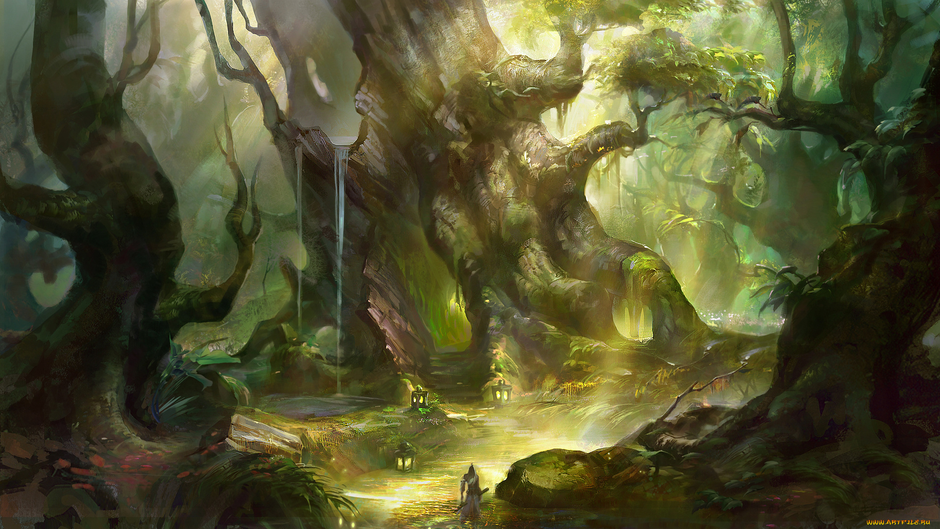 фэнтези, пейзажи, деревья, лес, гигантский, мир, иной