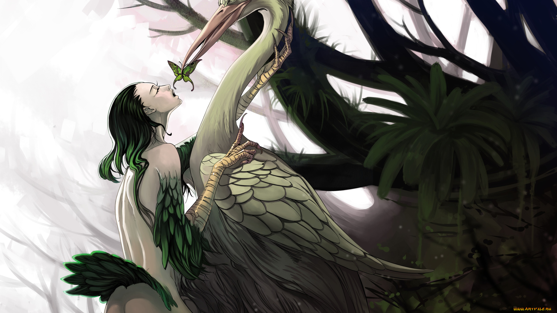 фэнтези, существа, лес, деревья, цапля, бабочка