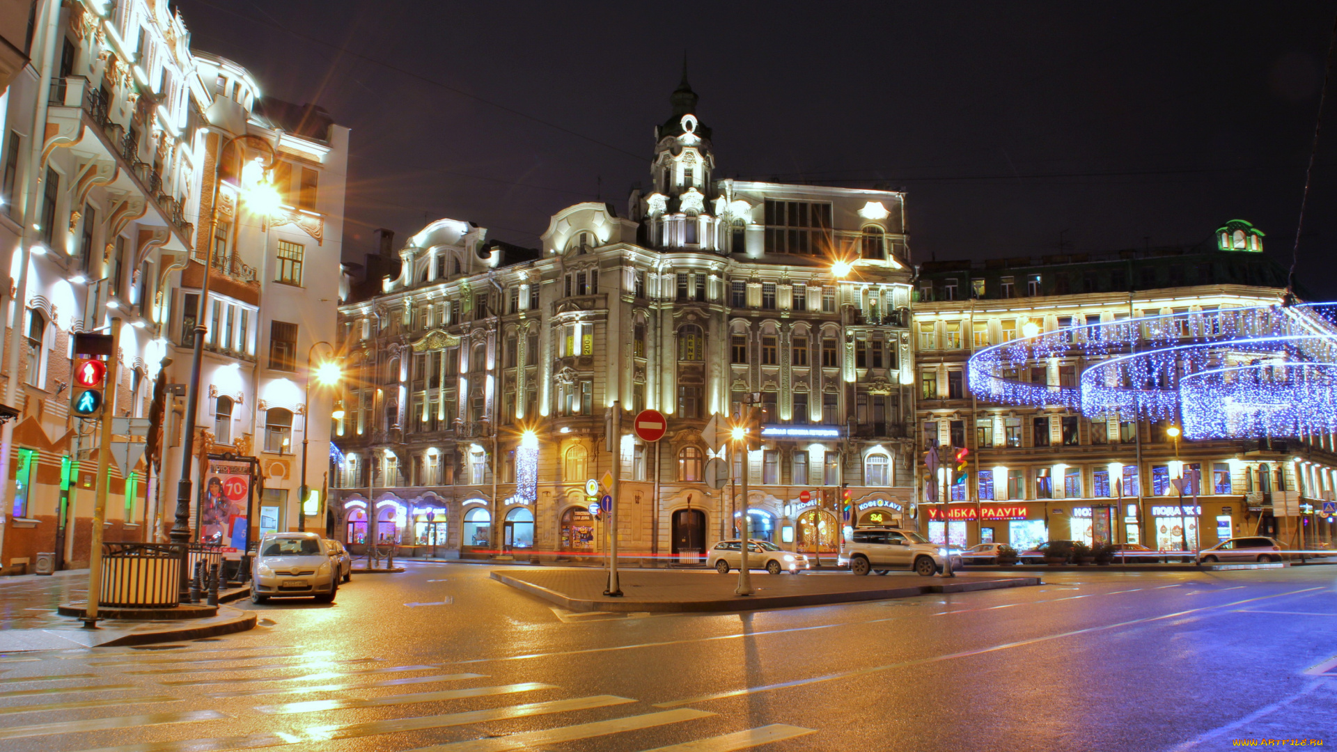 города, санкт-петербург, , петергоф, , россия, дома, площадь, улица, дорога, огни, ночь