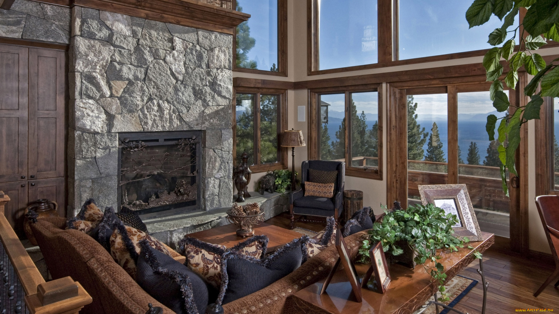 интерьер, гостиная, окна, диваны, камин